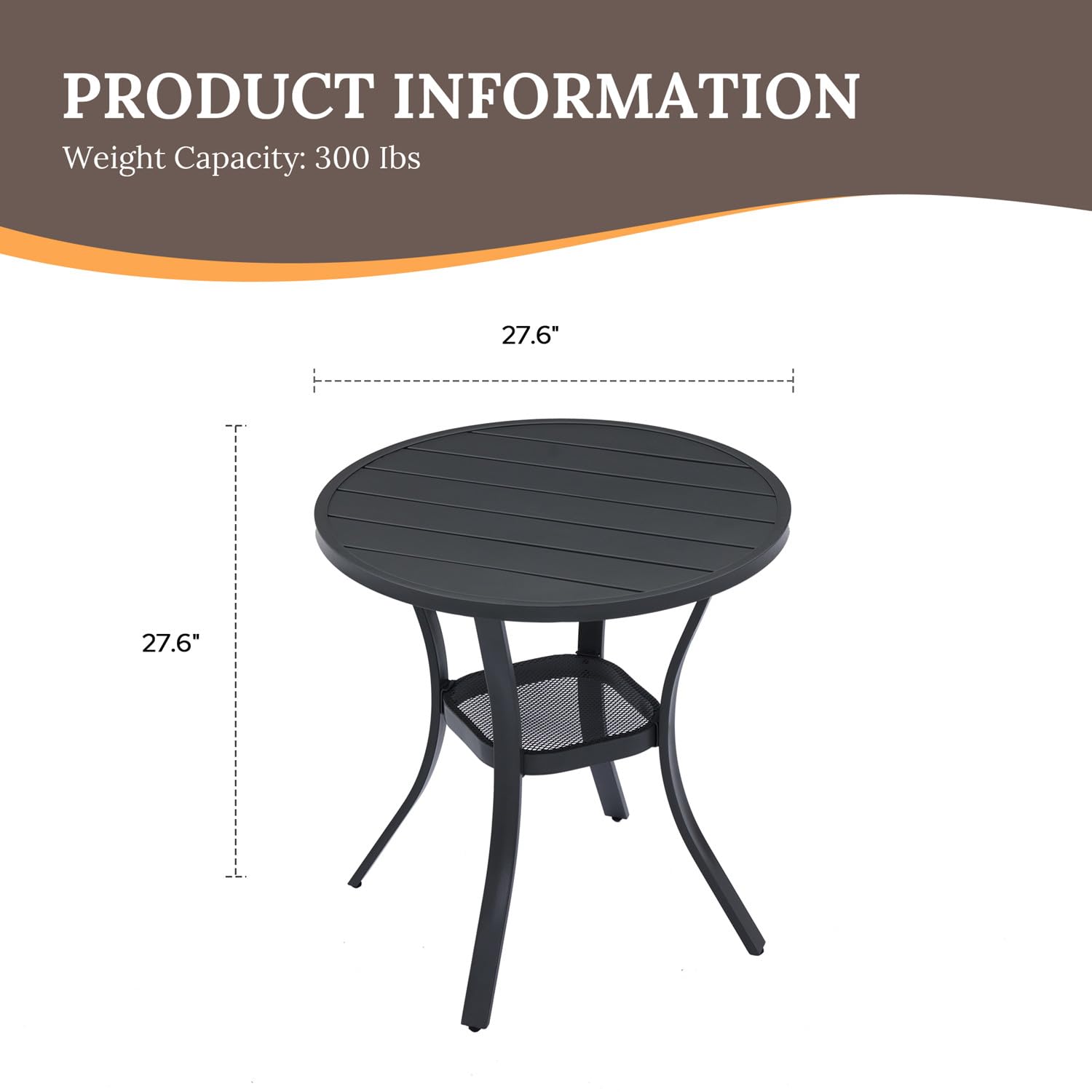 VICLLAX 27.5 Inch Round Outdoor Patio Table - All-Weather Metal Garden Dining Table with Storage Shelf - Compact 2-Person Black Tabletop for Backyard, Balcony & Small Spaces