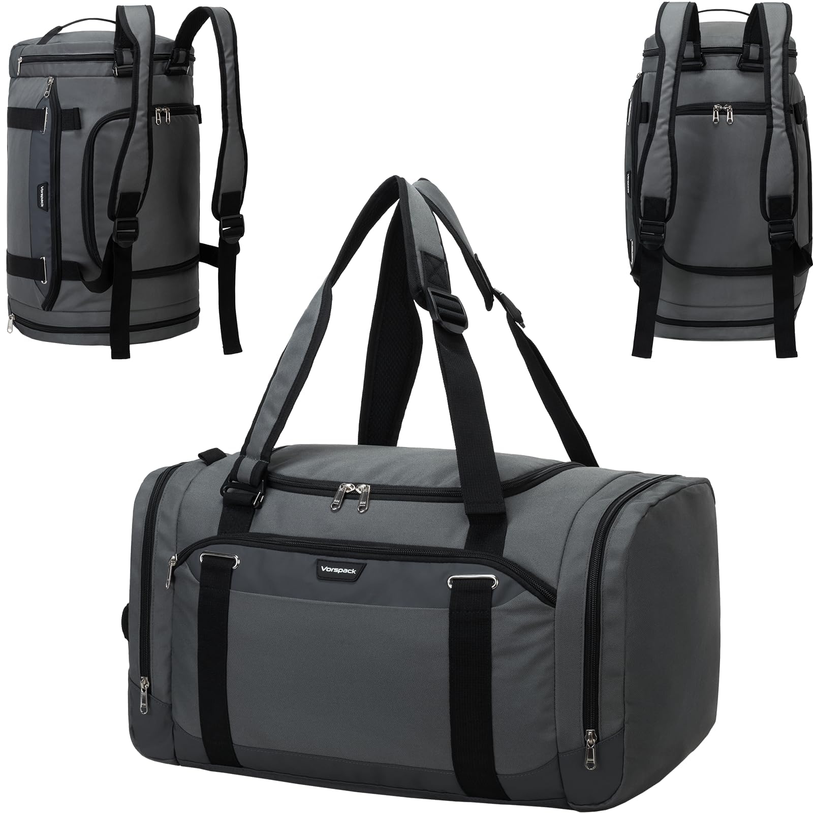 **Vorspack 45L Gym Bag for Men - Large Duffle Bag with Shoe Compartment for Travel, Sports & Gym - Weekender Overnight Backpack Carry On - Perfect for Workouts, Weekend Trips & Travel - Grey**