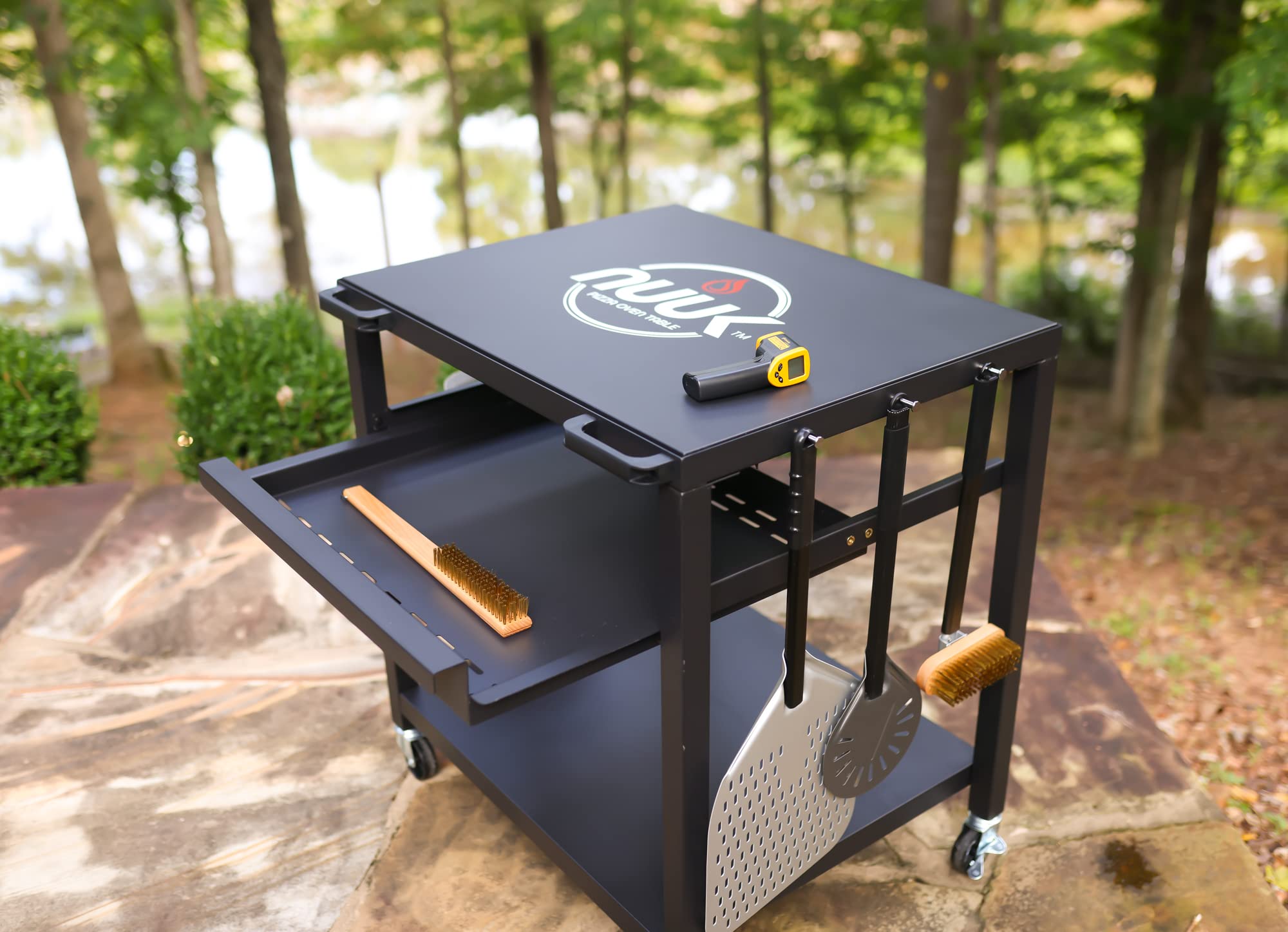 NUUK Heavy Duty 3-Shelf Rolling Outdoor Pizza Oven Table - 24x30 Inch Steel Commercial Food Prep Cart with Drawer & Wheels - Perfect for BBQ, Camping, Patio, Picnic & Outdoor Cooking