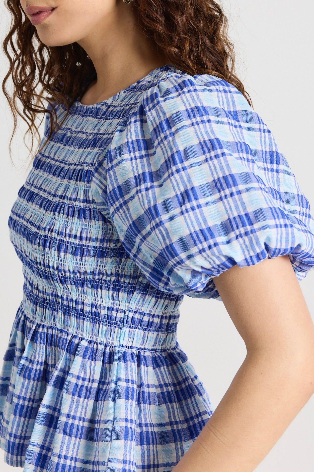 Beholden Blue Check Print Shirred Short Sleeve Blouse - Women's Casual Summer Tops for Beach, Vacation & Everyday Wear