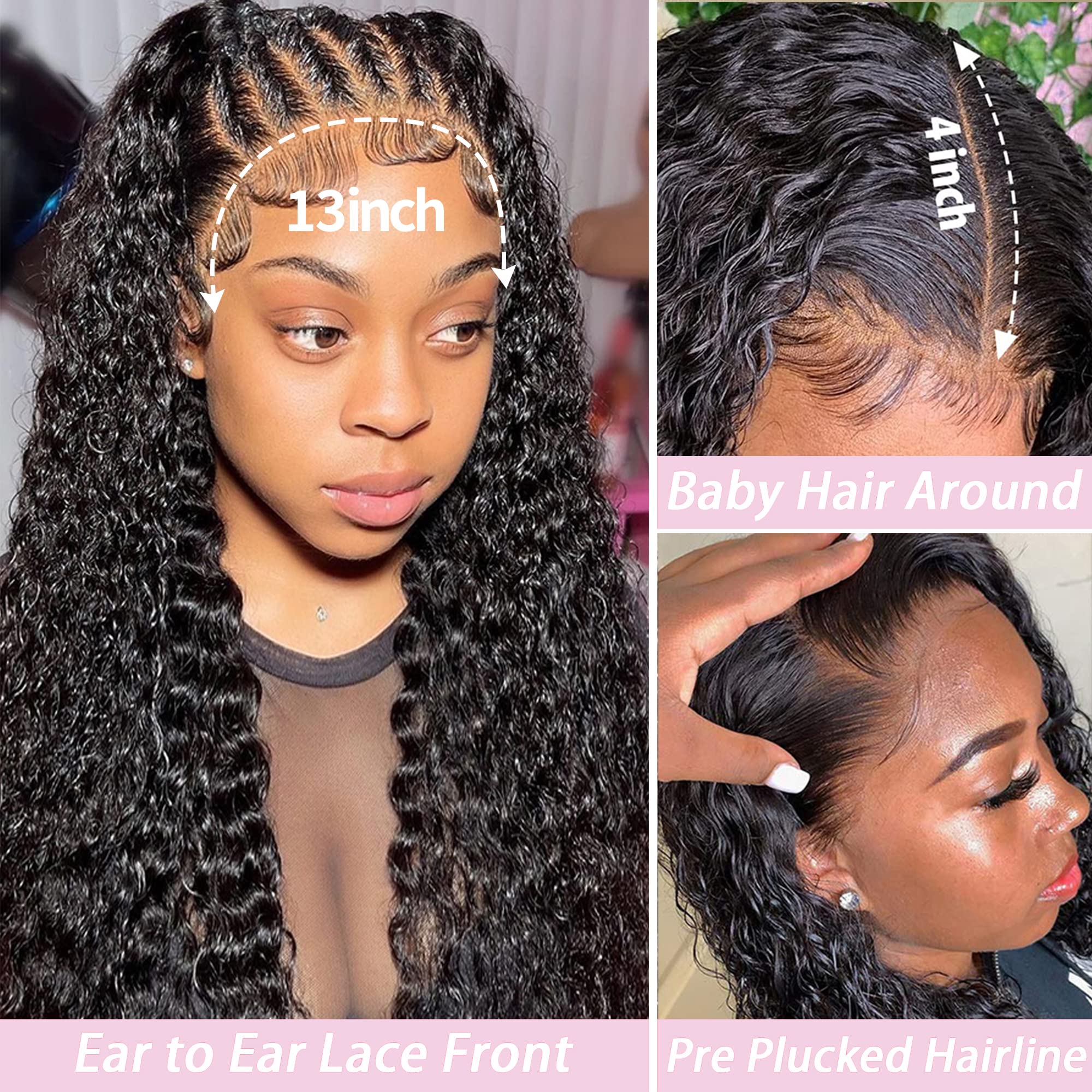 13x4 HD Transparent Lace Front Wig | Brazilian Virgin Human Hair | Water Wave Lace Front Wigs with Baby Hair | Pre-Plucked | 180% Density | 30 Inch Black Curly Wigs for Black Women | Perfect for Daily Wear, Parties & Special Occasions