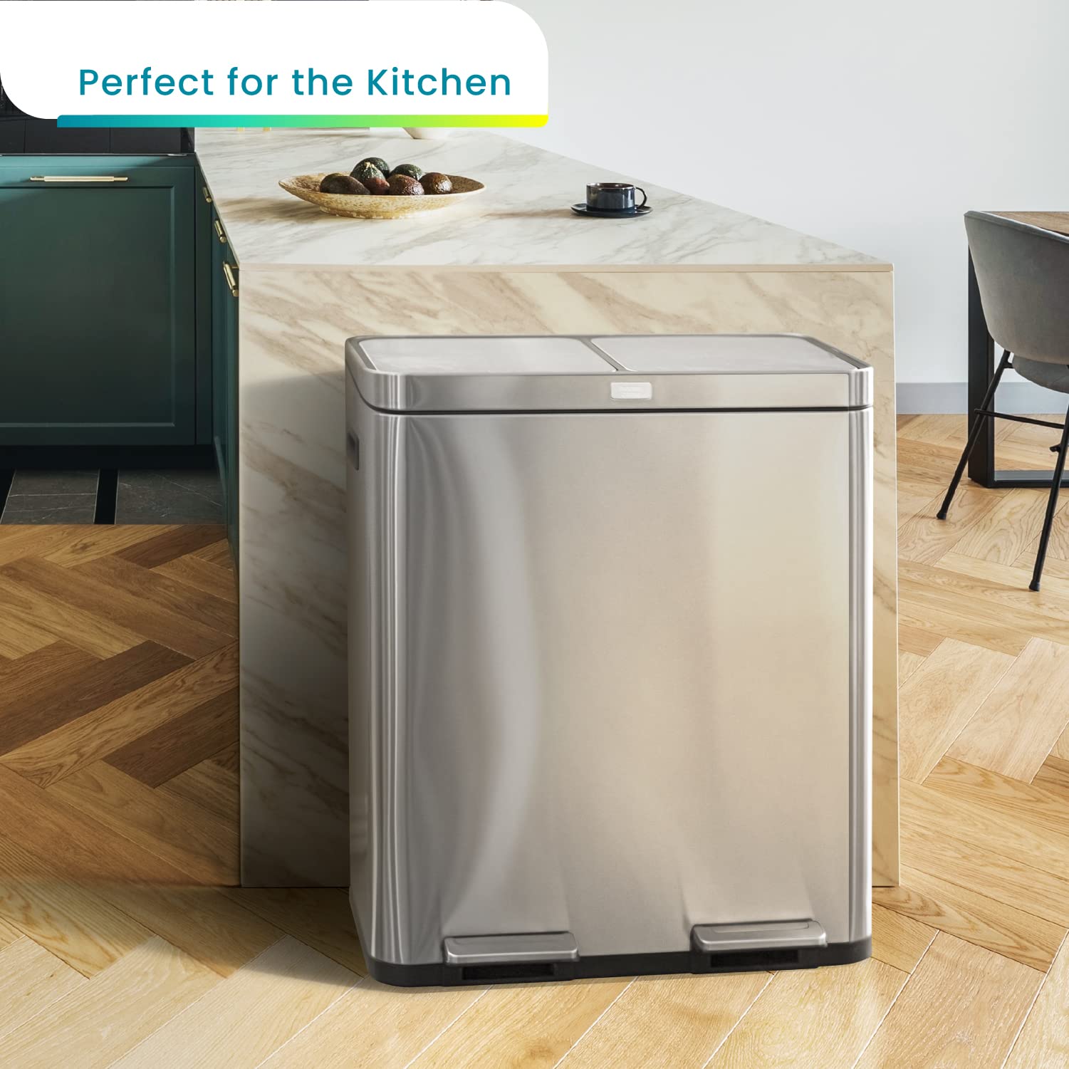Home Zone Living 15.8 Gallon Stainless Steel Kitchen Trash Can with Dual Removable Liners - Perfect for Recycling & Waste Separation | Ideal for Modern Kitchens, Offices & Eco-Friendly Homes