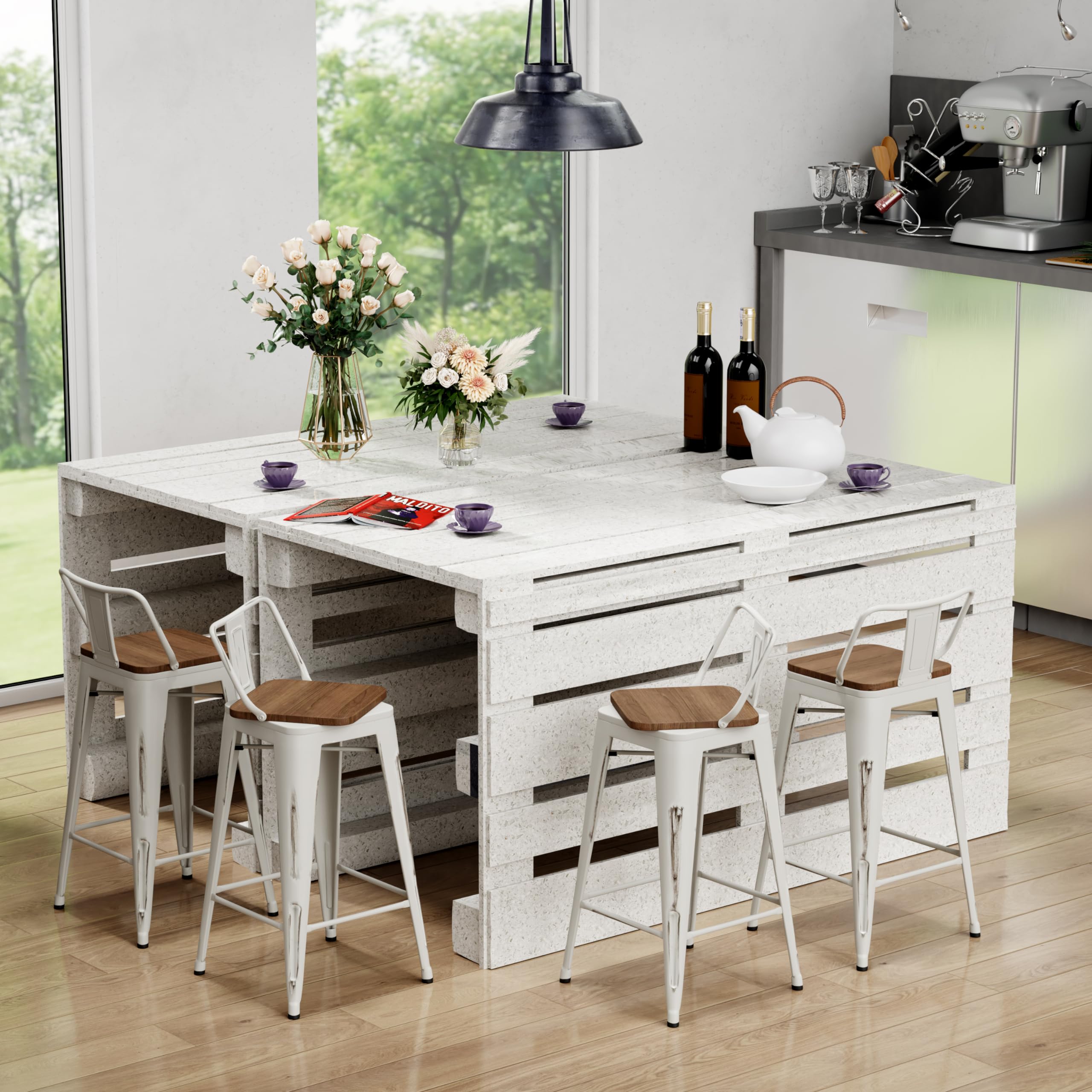26 Inch Bar Stools Set of 4 - Counter Height Swivel Bar Chairs with Back, Metal Kitchen Stools in White - Perfect for Home Bars, Kitchen Islands & Dining Areas