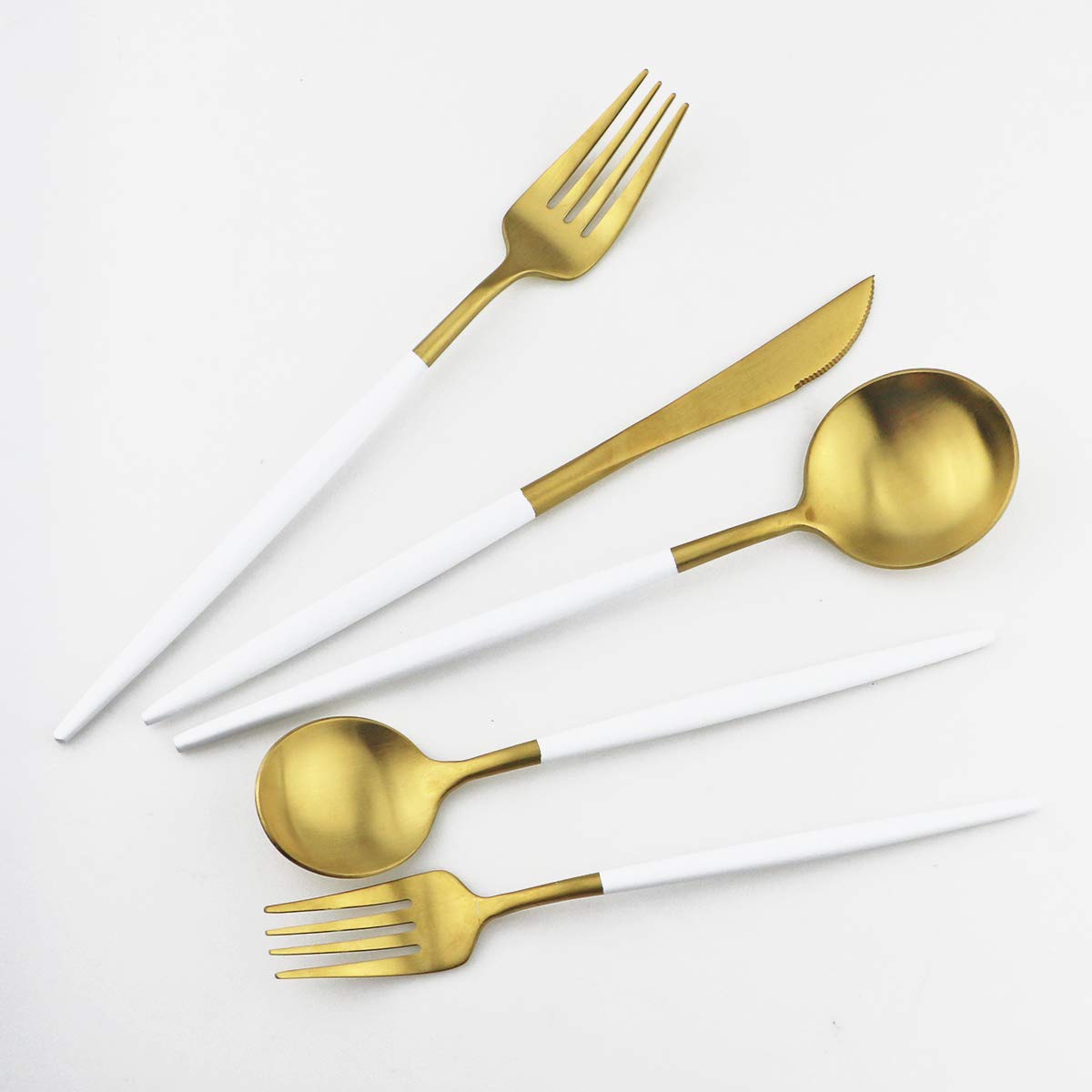 Premium 18/10 Stainless Steel Flatware Set - 5-Piece Matte White Gold Cutlery Set with Forks, Spoons & Knives for Dining, Camping & Travel | Durable Tableware for Home, Picnics & Outdoor Adventures