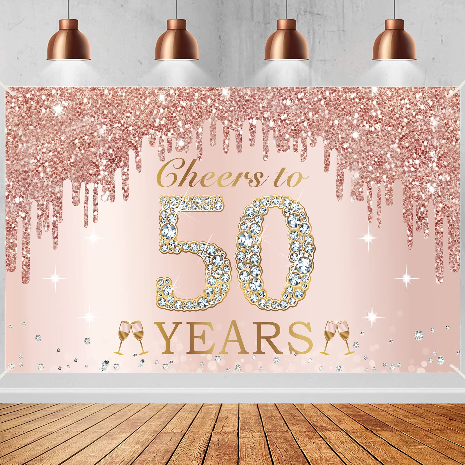 Pink Rose Gold Happy 50th Birthday Banner - Large Cheers to 50 Years Party Decorations for Women, Fifty Birthday Backdrop Poster Sign - Perfect for Birthday Parties, Milestone Celebrations & Photo Booth Backgrounds