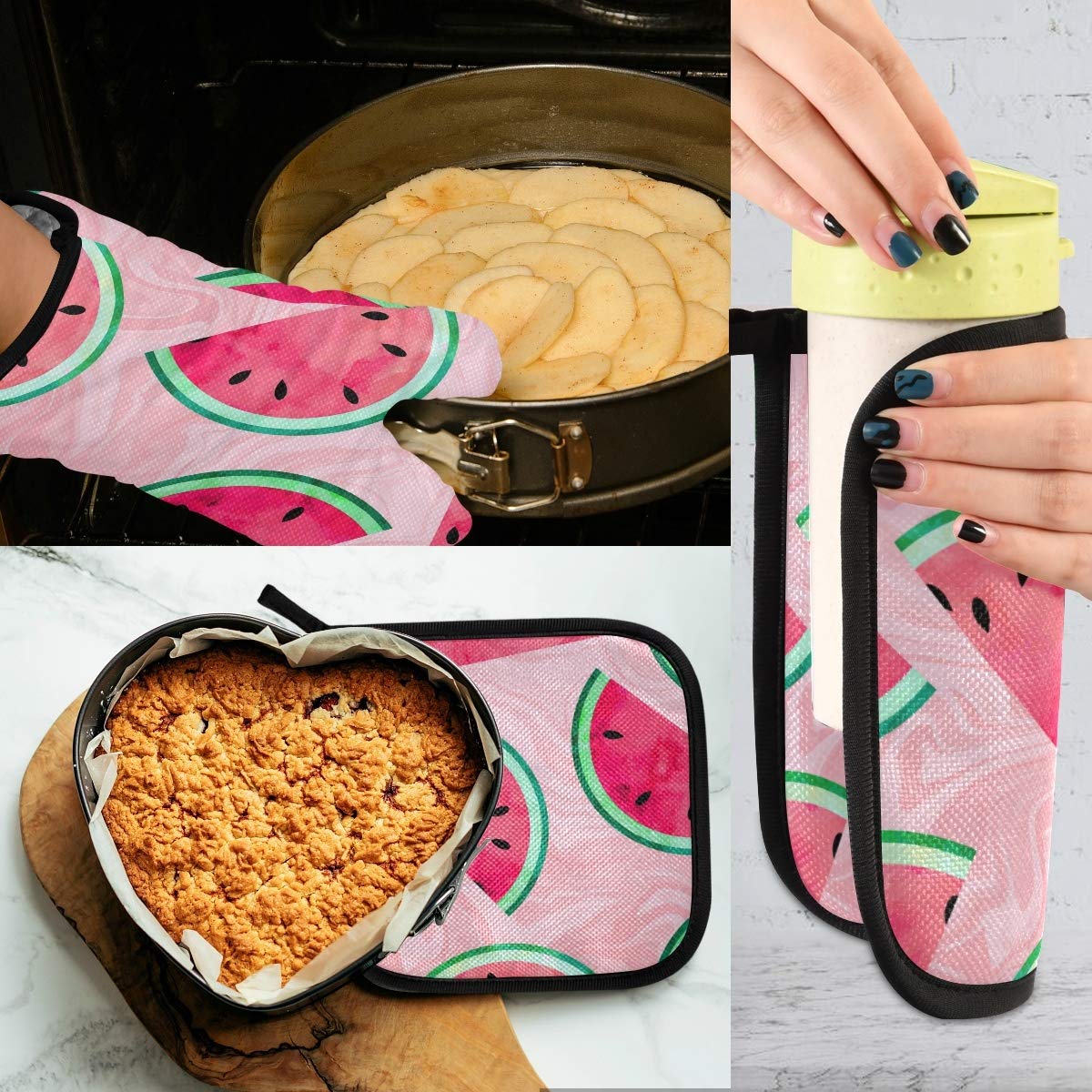 Heat Resistant Watermelon Watercolor Oven Mitts & Pot Holders Set - Kitchen Cooking, Baking, Microwave & Grill Accessories - Perfect for BBQ, Baking & Hot Dish Handling