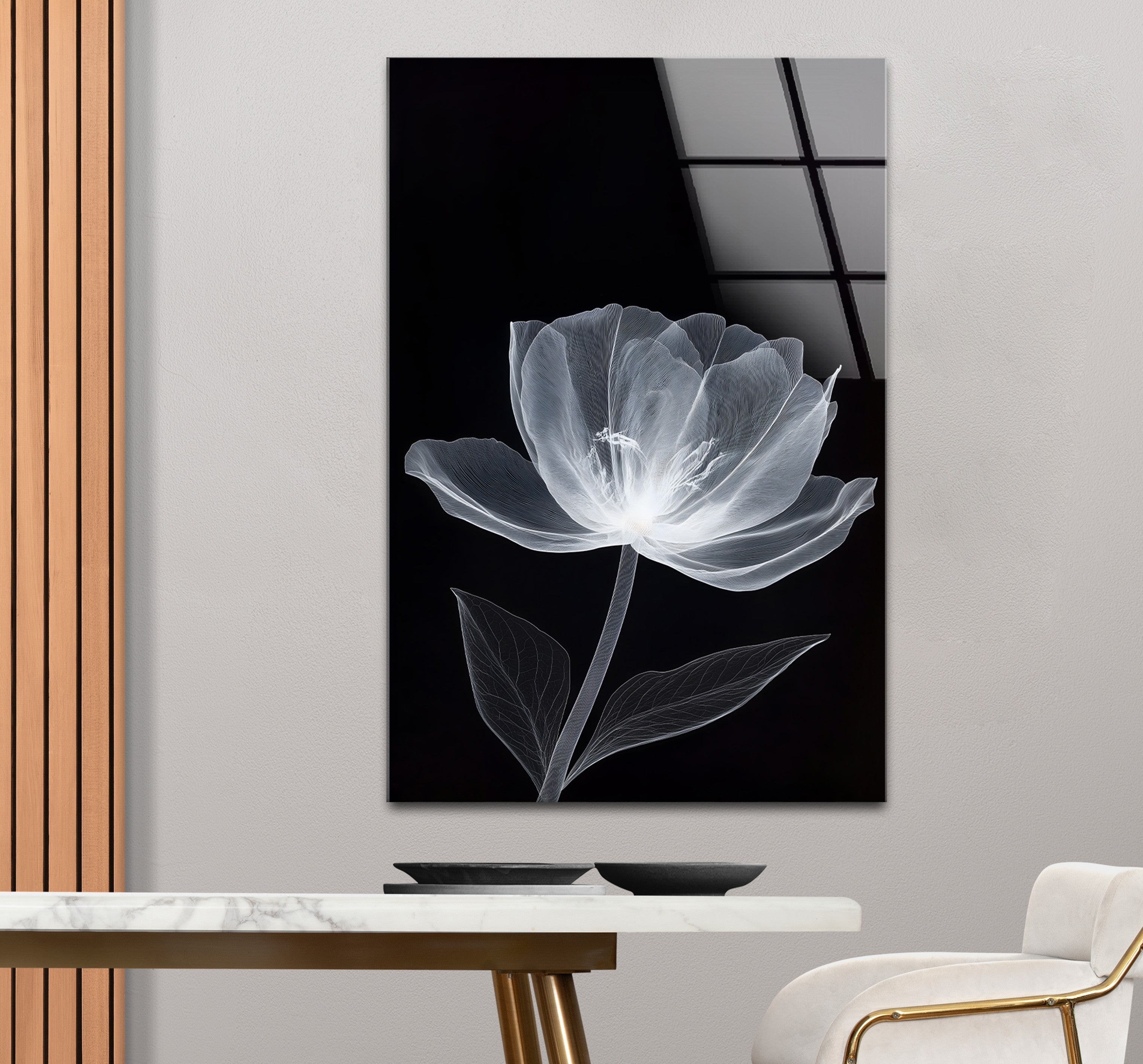 Black and White Minimal Floral Glass Wall Art - Modern Home Decor for Living Room, Bedroom & Office - Elegant Framed Glass Painting for Housewarming Gifts