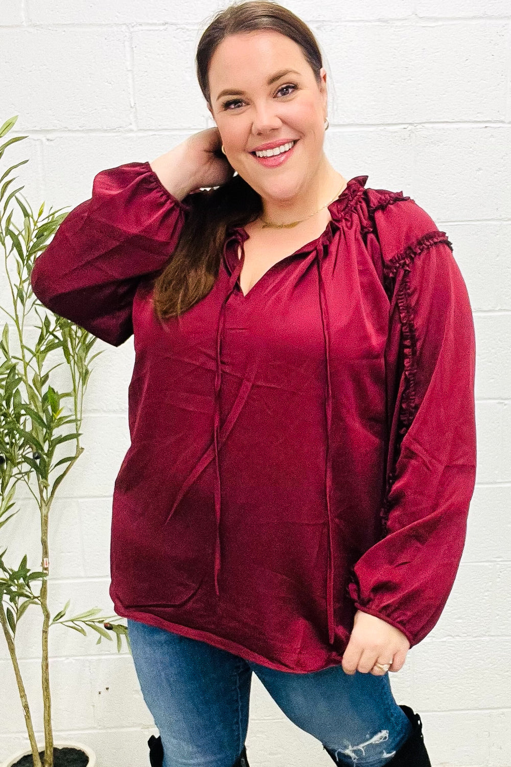 Elegant Burgundy Satin Blouse with Frill Detail & Tie Neck - Perfect for Holiday Parties & Special Occasions