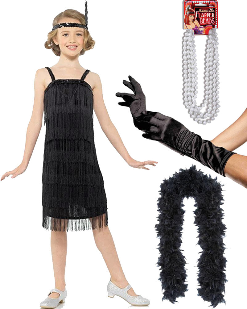 1920s Black Flapper Dress Costume Set for Women - Vintage Roaring 20s Gatsby Party Outfit for Halloween, Themed Parties & Cosplay