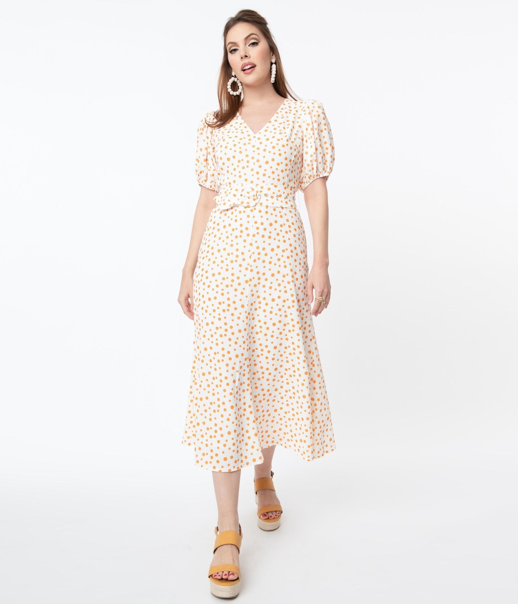 Off White & Orange Polka Dot Catherine Maxi Dress - Women's Elegant Flowy Summer Dress for Beach, Party & Special Occasions