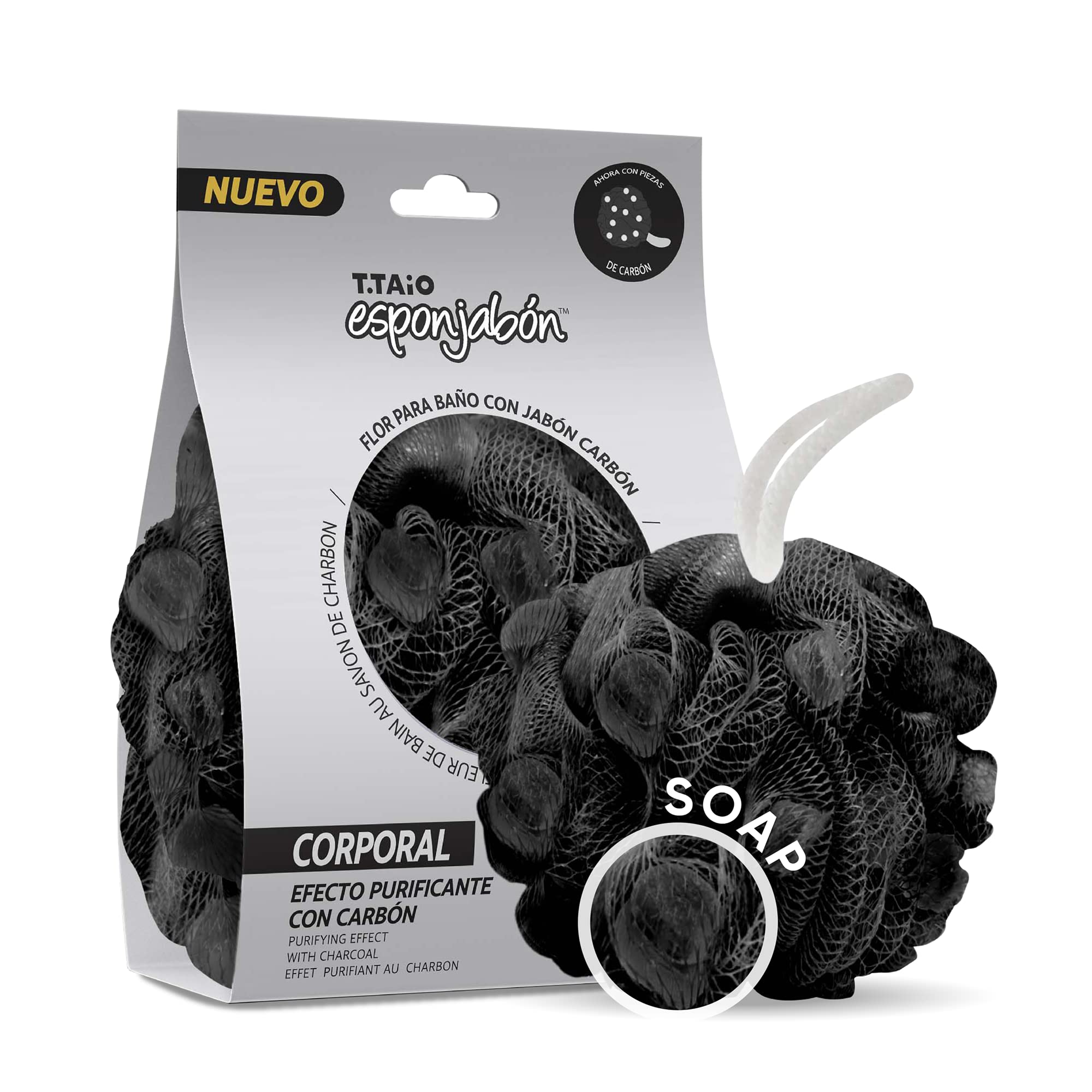 T.Taio Premium Exfoliating Bath Sponge & Loofah Scrubber - Charcoal Scented Mesh Pouf for Deep Cleansing & Skin Care - Ideal for Shower, Bath & Body Wash - Essential Beauty Bathroom Accessories for Soft, Smooth Skin