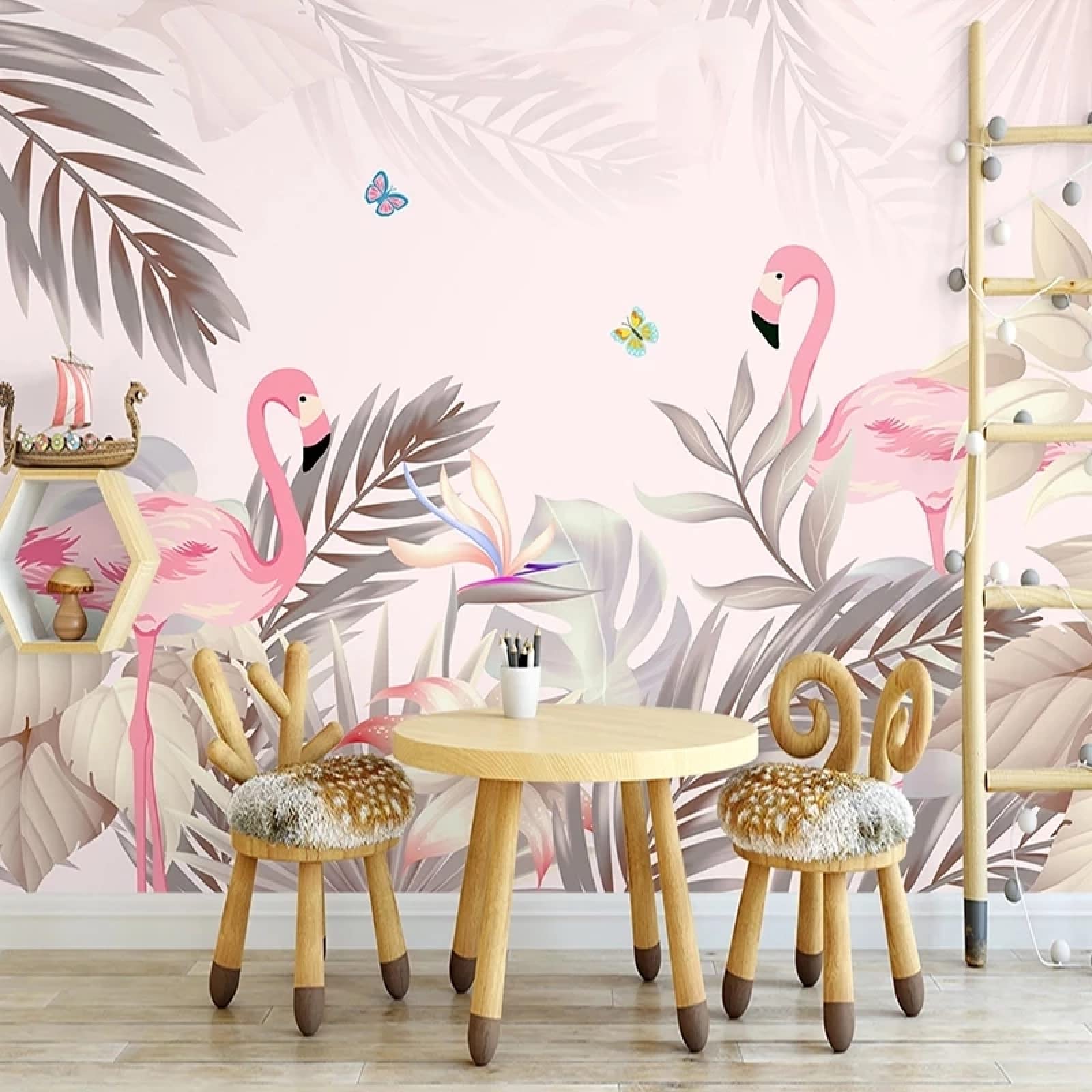 3D Tropical Palm Tree & Flamingo Wall Mural - Hand Drawn Nordic Style Wallpaper for Bedroom, Living Room & TV Wall Decor - 169.3
