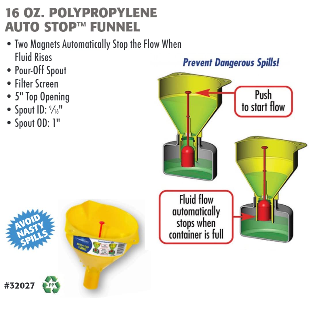 Wirthco 32027 Funnel King Auto Stop Polypropylene Funnel - 16 Oz Yellow - Perfect for Automotive Oil Changes, DIY Projects & Home Maintenance