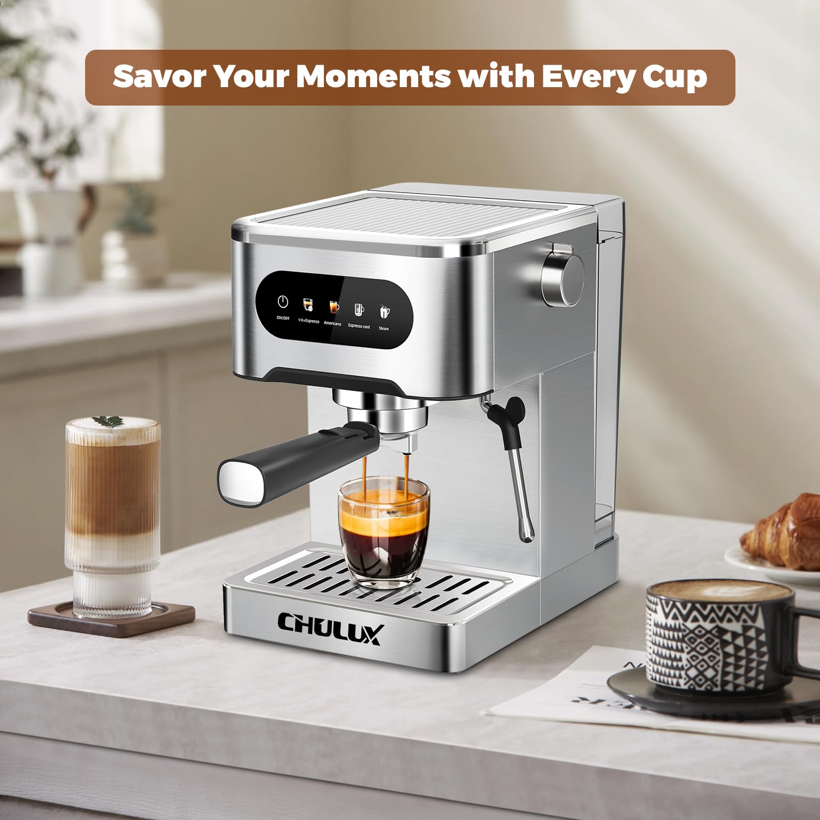 CHULUX 20 Bar Cold Brew Espresso Machine - Stainless Steel Touchscreen Coffee Maker with Steam Wand for Cappuccino & Latte | Perfect for Home Baristas & Coffee Lovers | Great for Morning Brews, Entertaining Guests & Office Use