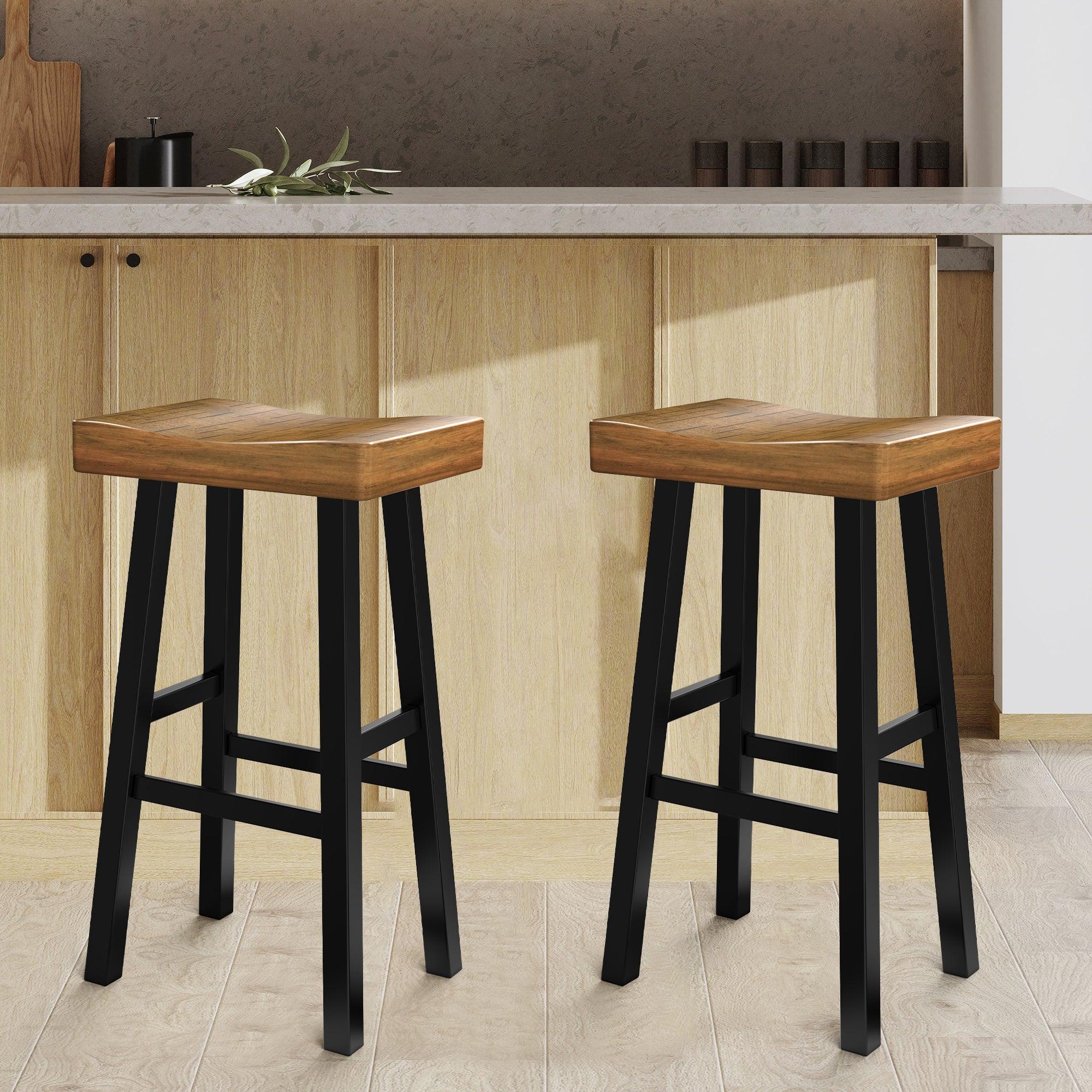 Set of 2 Farmhouse Solid Wood Bar Stools - Backless Saddle Seat Counter Height Chairs for Kitchen Island, Breakfast Nook & Home Office - Perfect for Rustic Decor, Dining & Small Space Living
