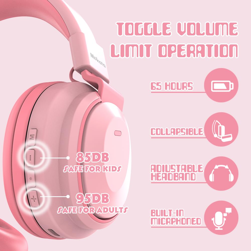 Bluetooth 5.3 Wireless Kids Headphones - 60H Playtime, Volume Limited 85/110dB, Over-Ear Foldable Design with Aux Cable & Mic - Perfect for School, Travel, iPad, Tablet, Notebook (Pink) - Ideal for Online Classes, Airplane Trips & Home Learning