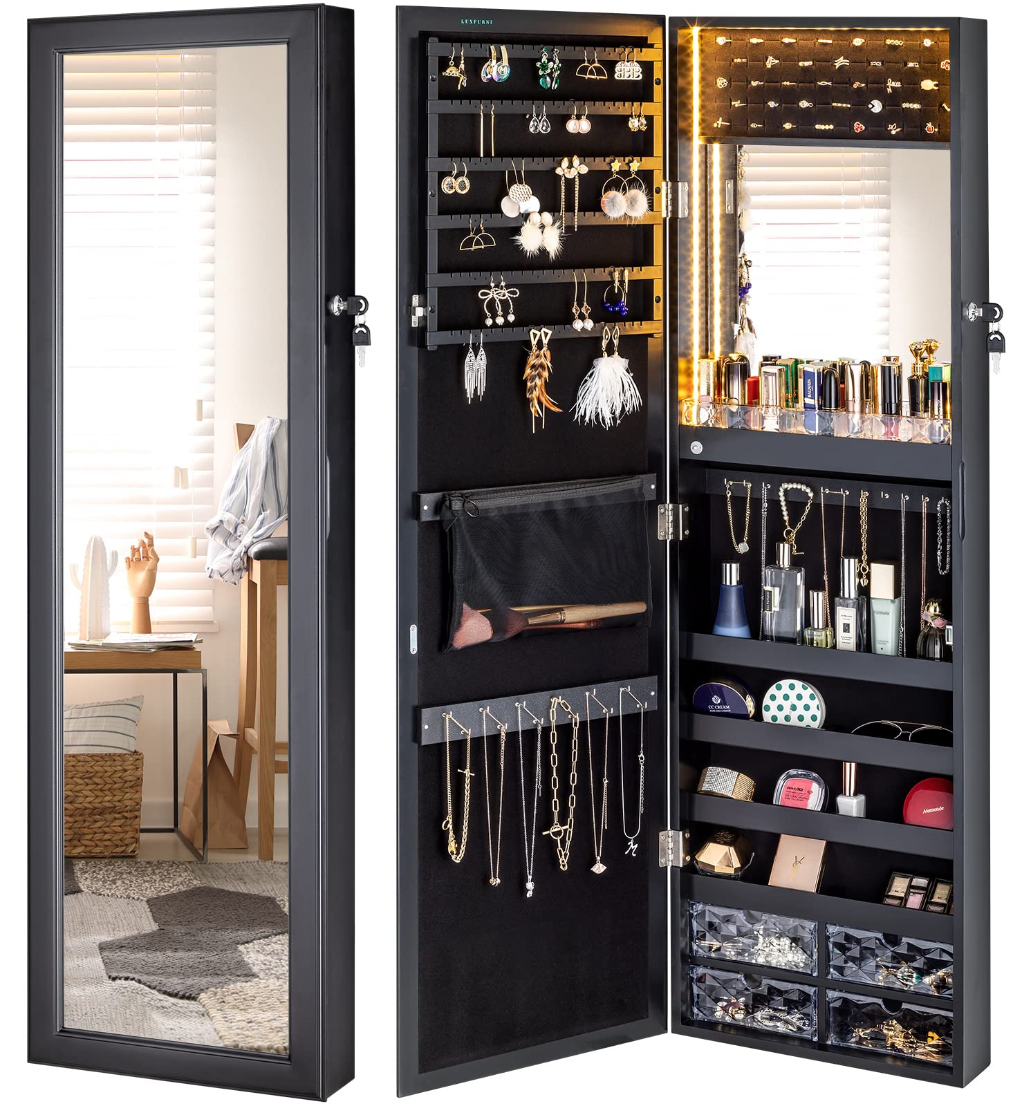 LUXFURNI LED Lighted Mirror Jewelry Cabinet - 47.2