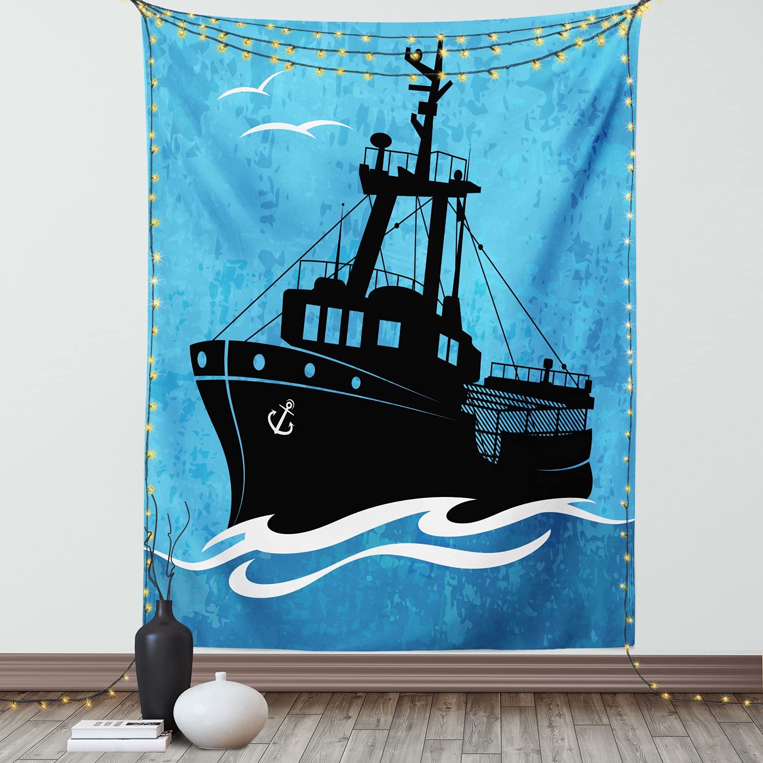 Ambesonne Nautical Blue Tapestry - Fishing Boat on Wavy Sea with Grunge Sky Wall Hanging | 40
