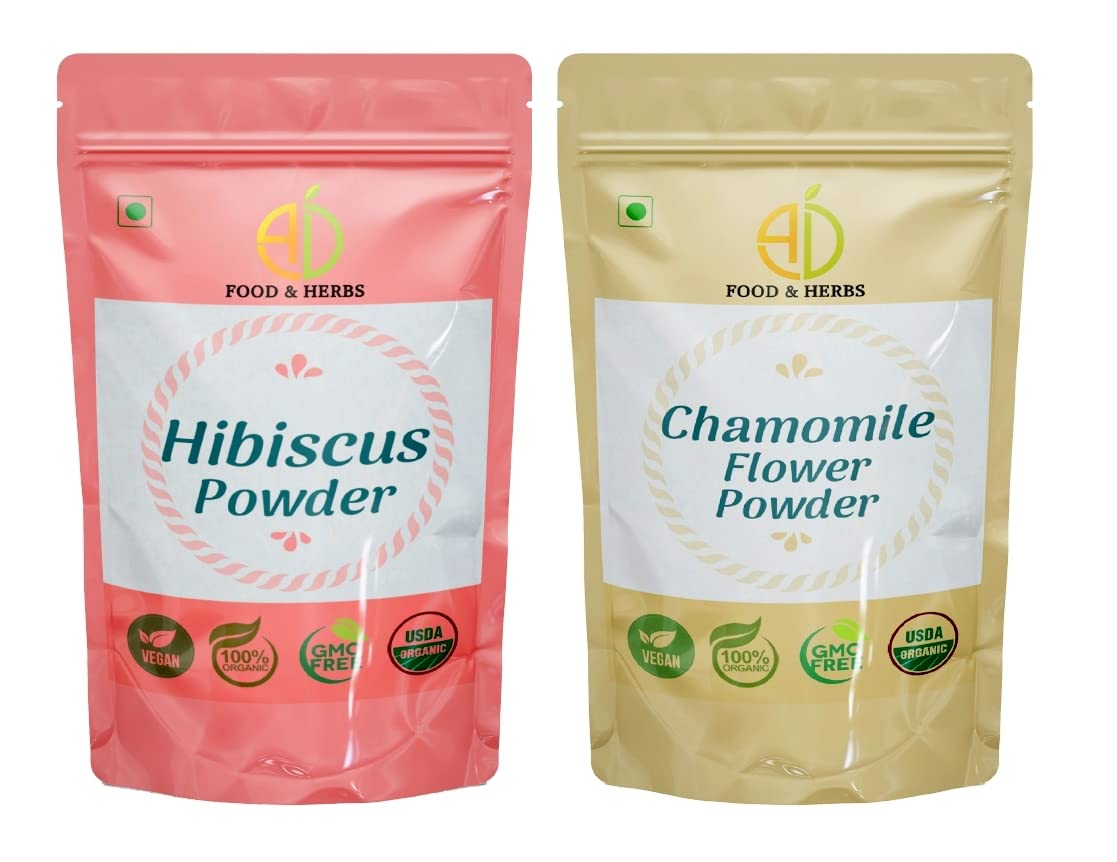 Organic Hibiscus & Chamomile Powder Combo - 20g x 2 Pack | Aromatic Edible Superfood for Homemade Lattes, Herbal Teas, DIY Bath Salts, Face & Body Masks | Perfect for Relaxation, Skincare & Healthy Beverages