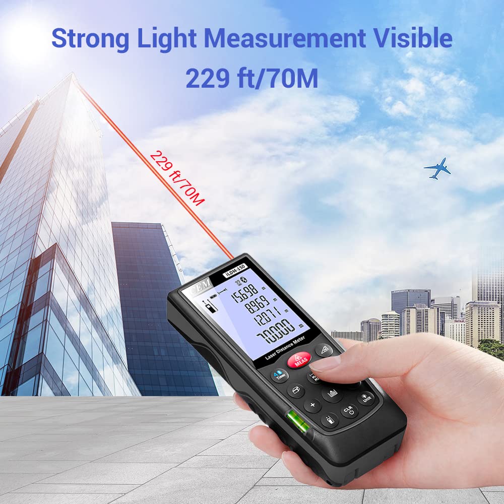 Premium CEM Laser Distance Measure with Bluetooth - 229ft Range, IP54 Waterproof Laser Measuring Tool for Pythagorean, Angle, Area & Volume Calculations | Min/Max Function, M/In/Ft Unit Switch | Includes Batteries, Tripod Thread & Backlight - Perfect for Construction, DIY Projects & Home Renovation