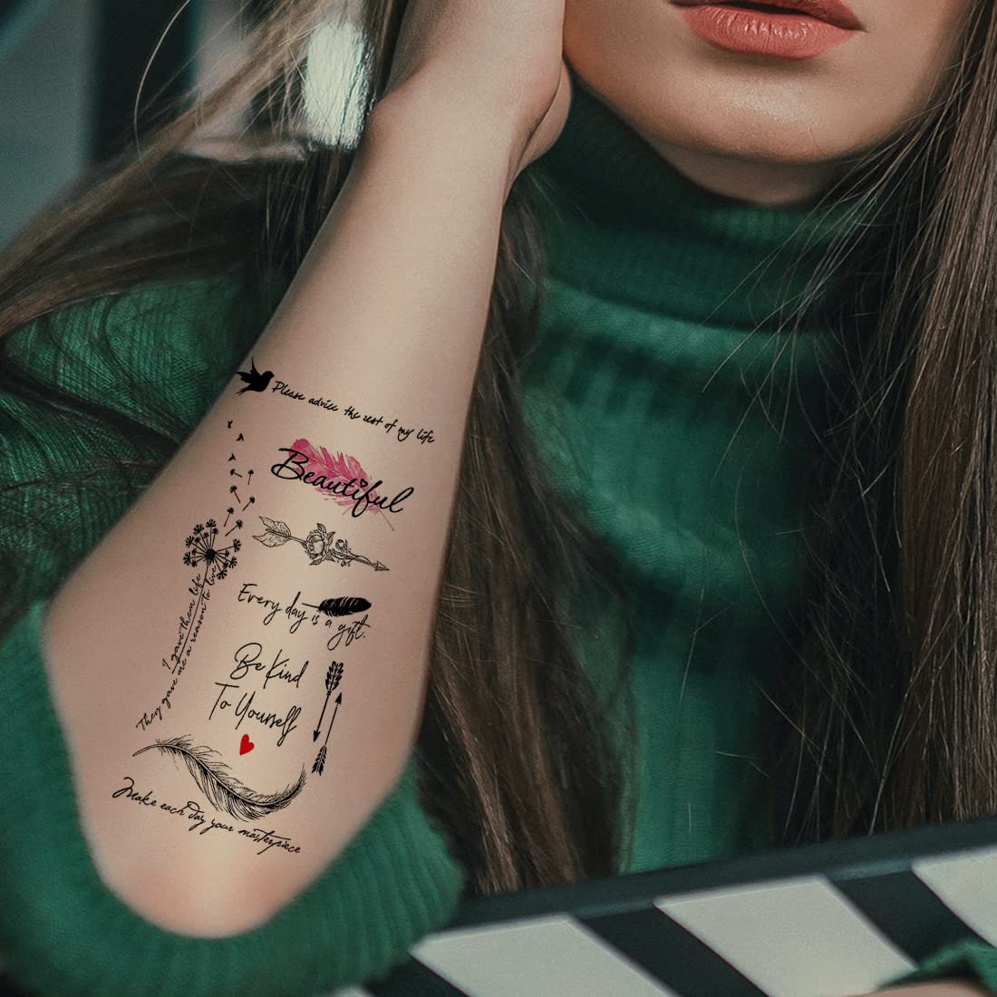 Inspiring Quote & Feather Bird Temporary Tattoos for Men & Women - Waterproof Fake Tattoos for Parties, Festivals & Body Art