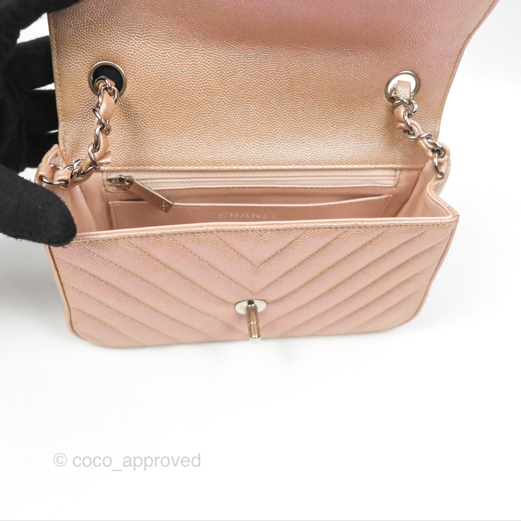 Chanel Chevron Mini Rectangular Flap Bag in Iridescent Rose Gold Caviar Leather with Ruthenium Hardware - Perfect for Evening Events & Luxury Fashion Accessories