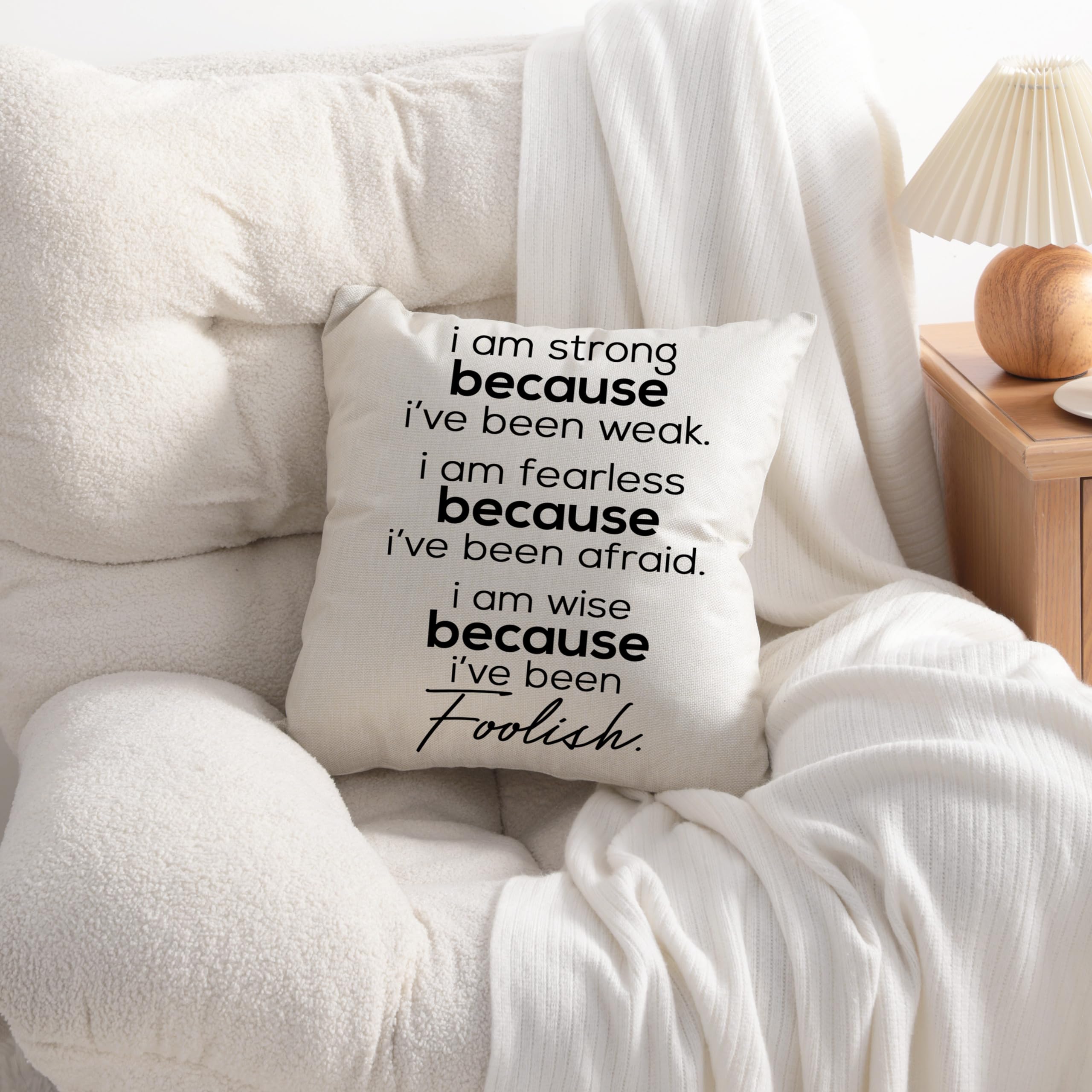 BEDSUM 18x18 Inch Linen Throw Pillow Cover - Farmhouse Style Decorative Cushion Cover with 'Strong Fearless Wise' Embroidery for Living Room Sofa, Couch & Bed | Perfect for Home Decor, Cozy Reading Nook & Rustic Interior Design