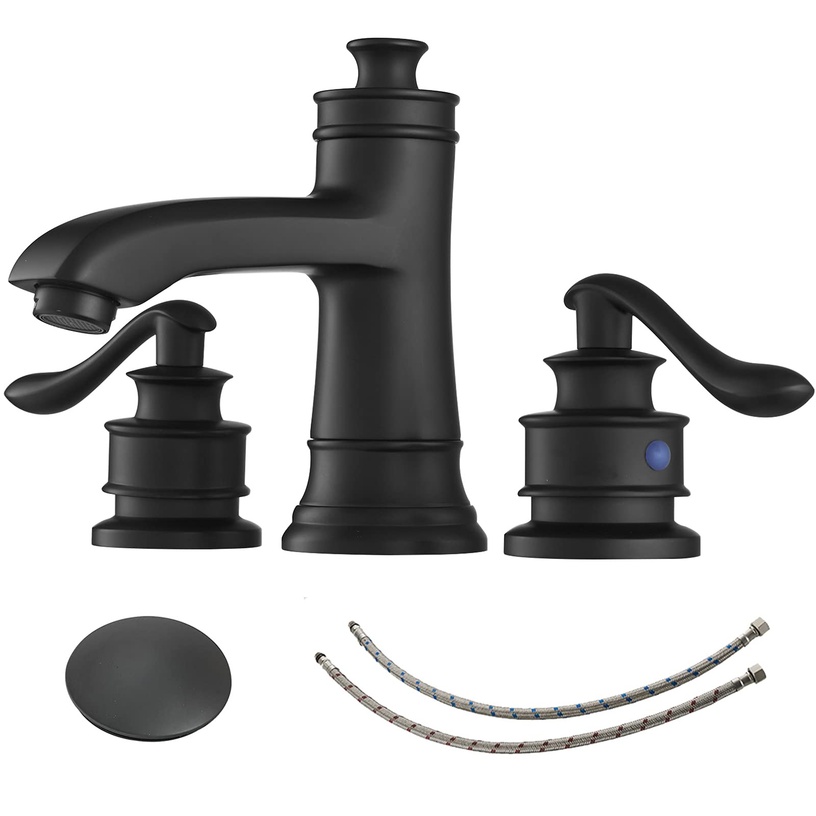 Matte Black 8 Inch Widespread Bathroom Faucet with Drain Assembly - 2 Handle 3 Hole Mixer Tap for Lavatory Sink - Includes Supply Hose - Perfect for Modern Bathroom Renovation & Powder Room Upgrades