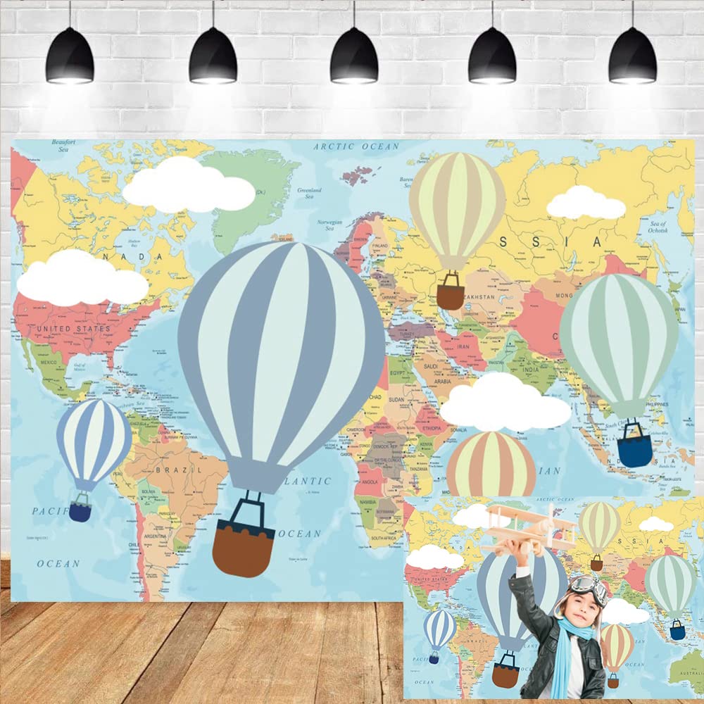 20x10ft Hot Air Balloon Birthday Backdrop - Oh The Places You'll Go Baby Adventure Theme with Cartoon World Map & White Clouds - Perfect for Kids Parties, Baby Showers, Cake Tables & Studio Photography Props