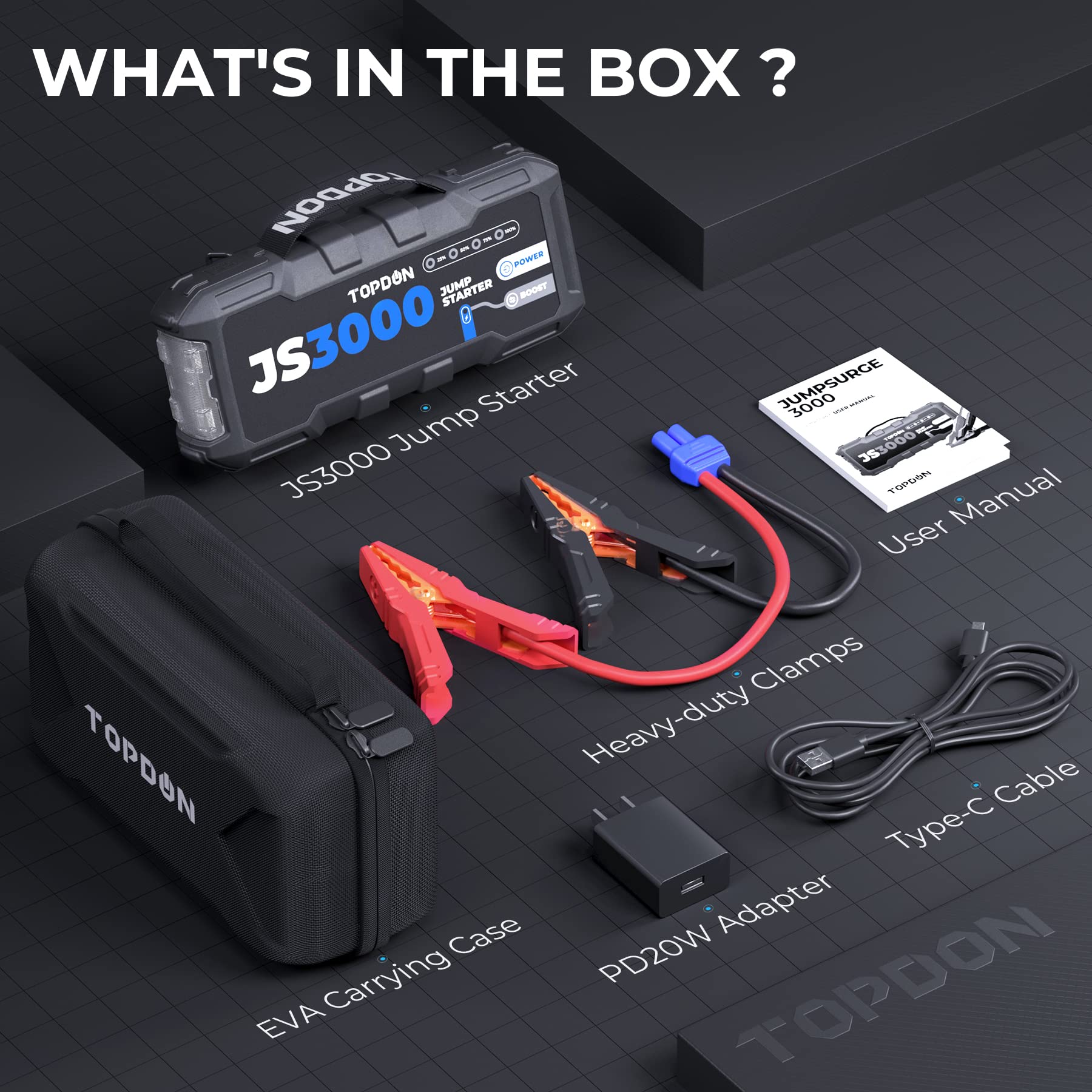 JS3000 12V 3000A Portable Car Battery Jump Starter - Boosts Up to 9L Gas/7L Diesel Engines | Includes Jumper Cables & EVA Case | Emergency Vehicle Battery Charger for Cars, Trucks, SUVs - Perfect for Roadside Emergencies & Winter Starting