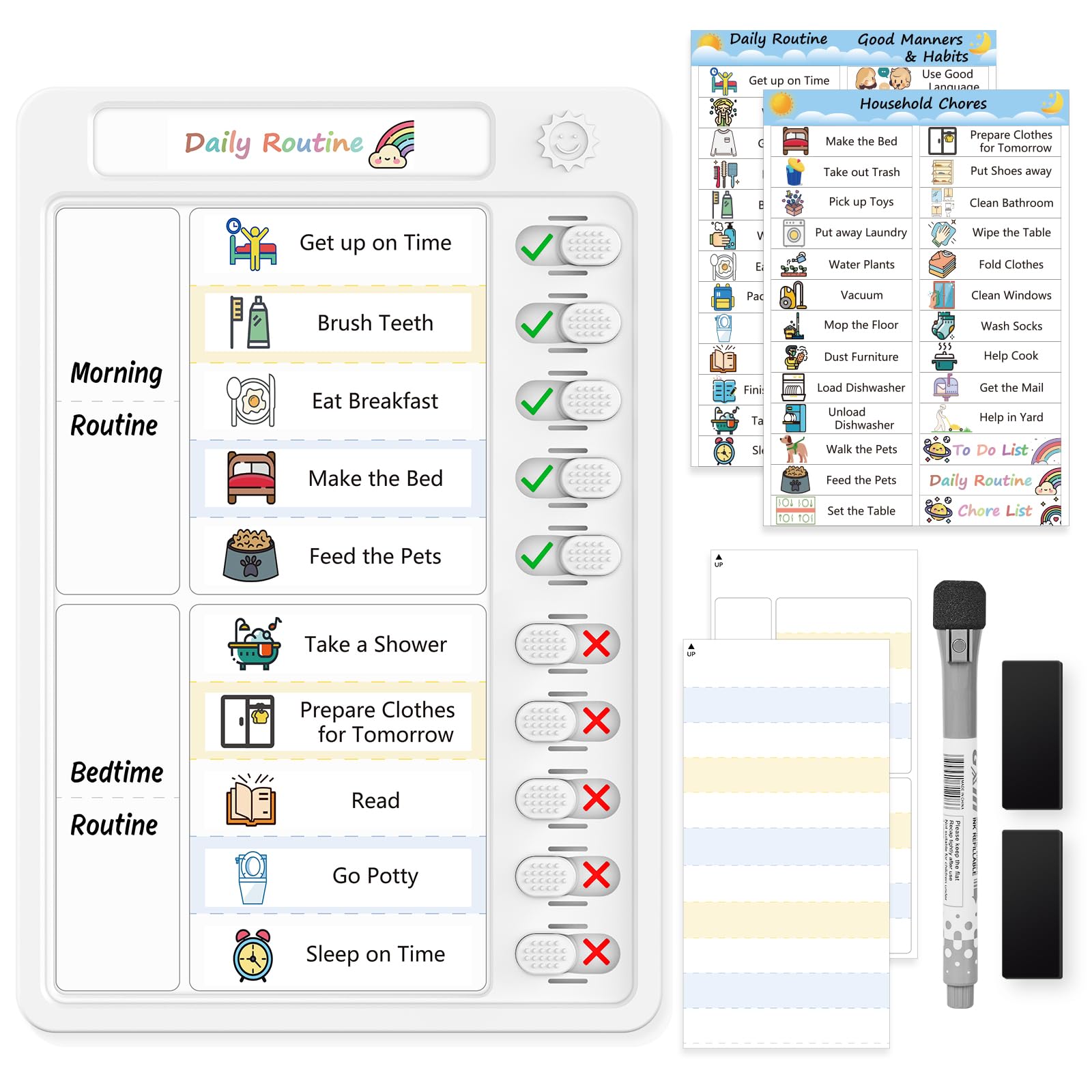 Reusable Kids Chore Chart with 52 Stickers - Dry Erase Daily Routine & Reward Board - Responsibility Planner for Back to School - Perfect for Home Organization & Child Behavior Management (1 Pack)