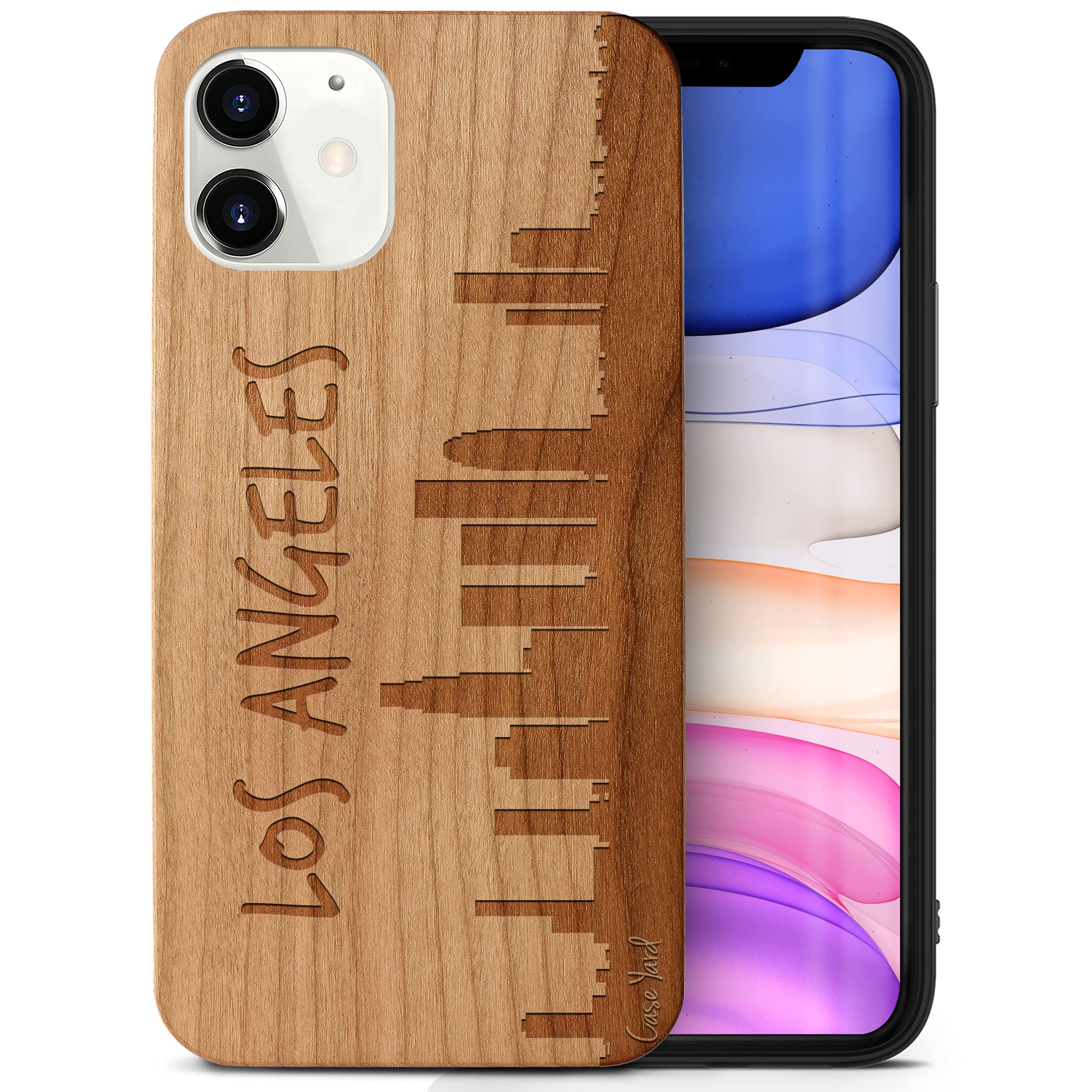 CaseYard Wood Phone Case for iPhone 12 Mini - Laser Engraved LA Skyline Design in Cherry Wood | Shockproof Slim Fit Protective Cover for Men & Women | Perfect for Travel, Gifts & Everyday Use