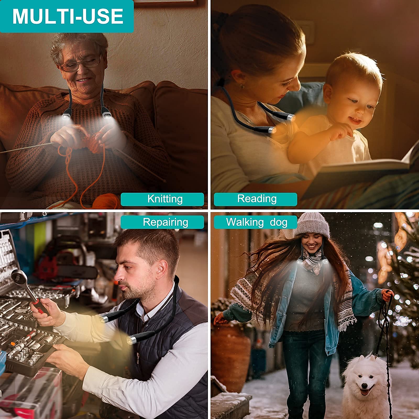 USB-C Rechargeable LED Neck Reading Light - 3 Adjustable Brightness Levels, Hands-Free Flexible Book Light for Reading in Bed, Knitting, Crafts & Repairs | Perfect for Night Reading, Travel & Low Light Workspaces