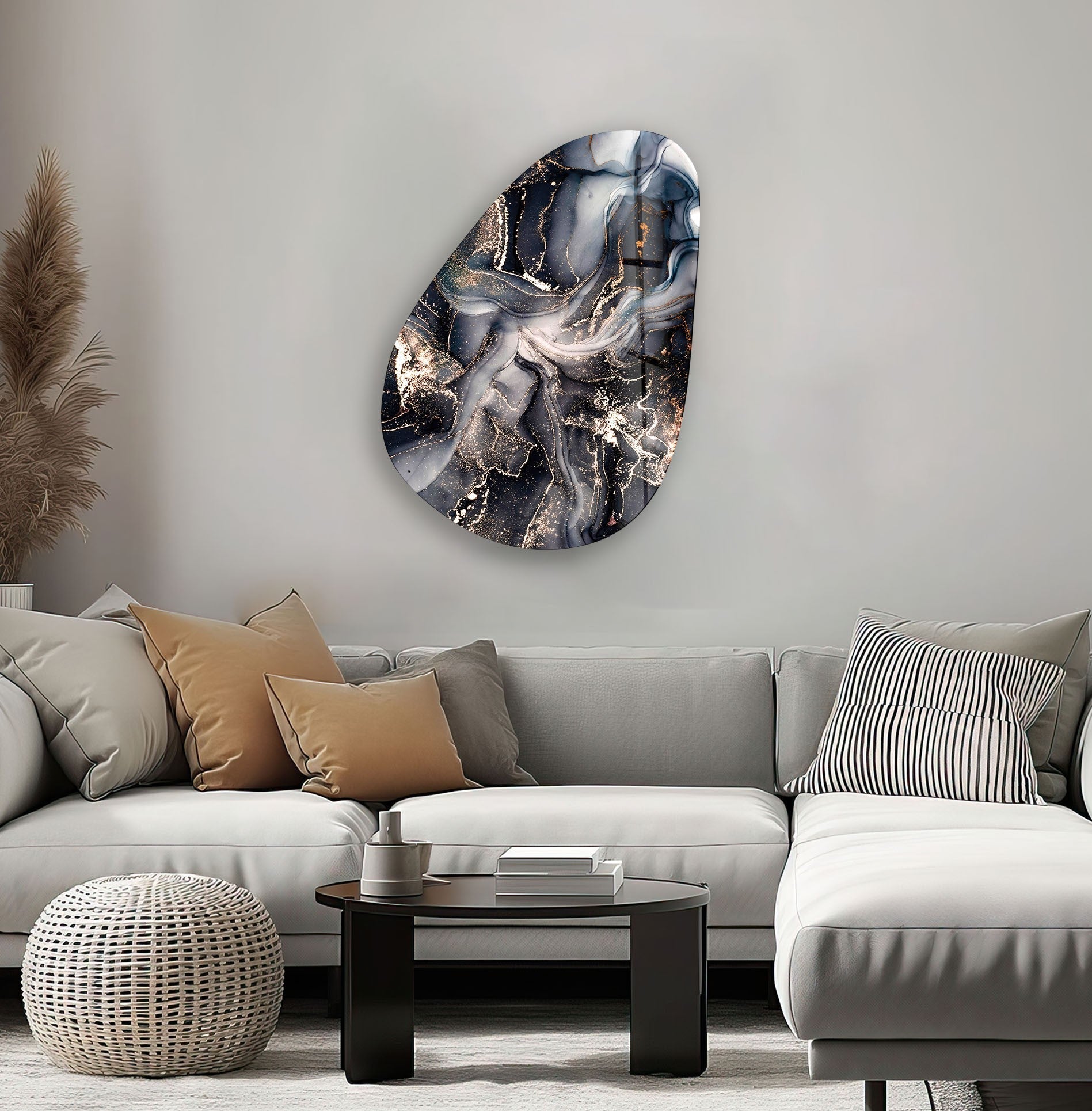 Asymmetrical Oval Black Grey Marble Glass Wall Art - Modern Abstract Home Decor for Living Room, Bedroom & Office
