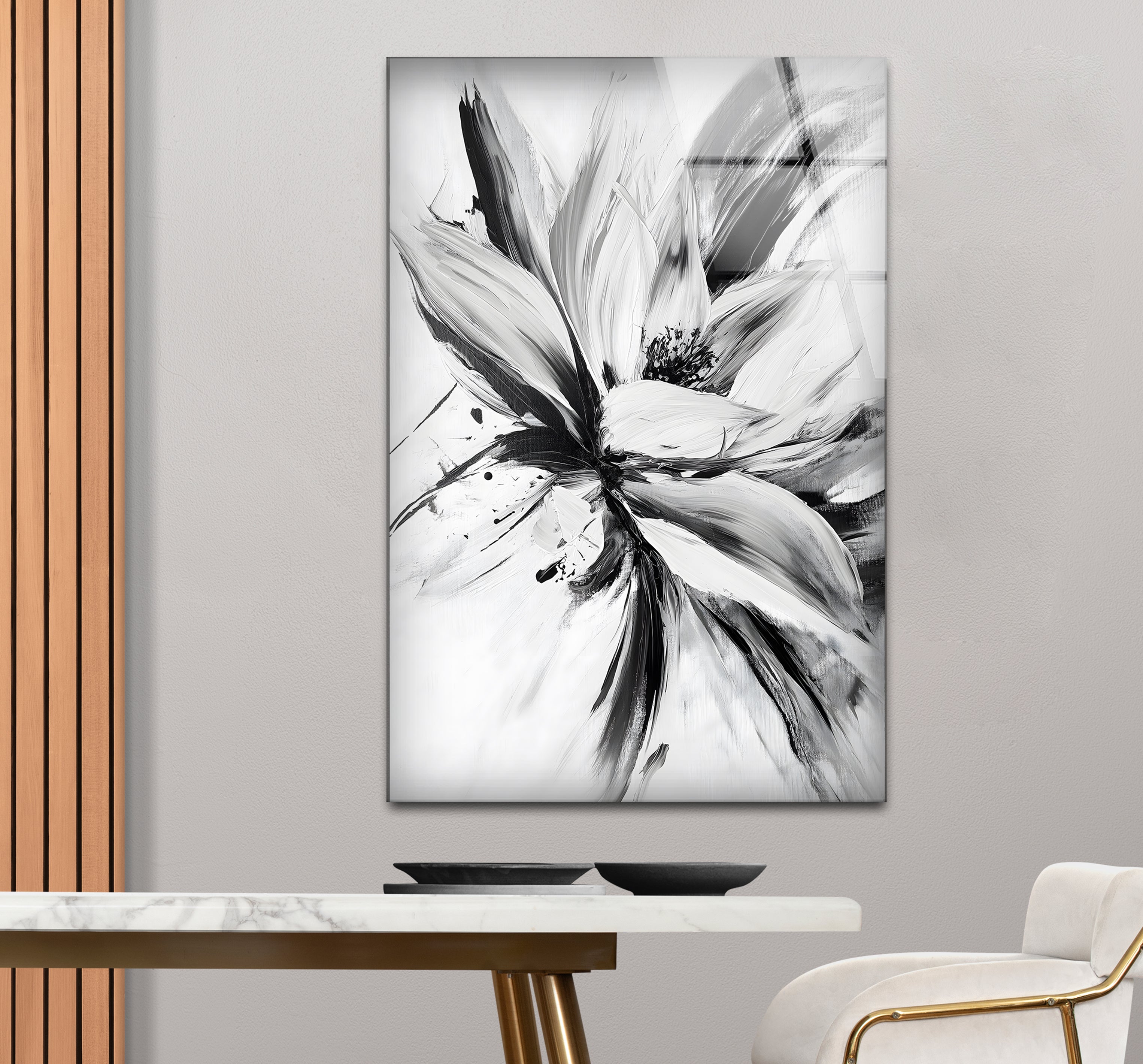 Modern Black and White Abstract Floral Glass Wall Art - Elegant Home Decor for Living Room, Bedroom & Office