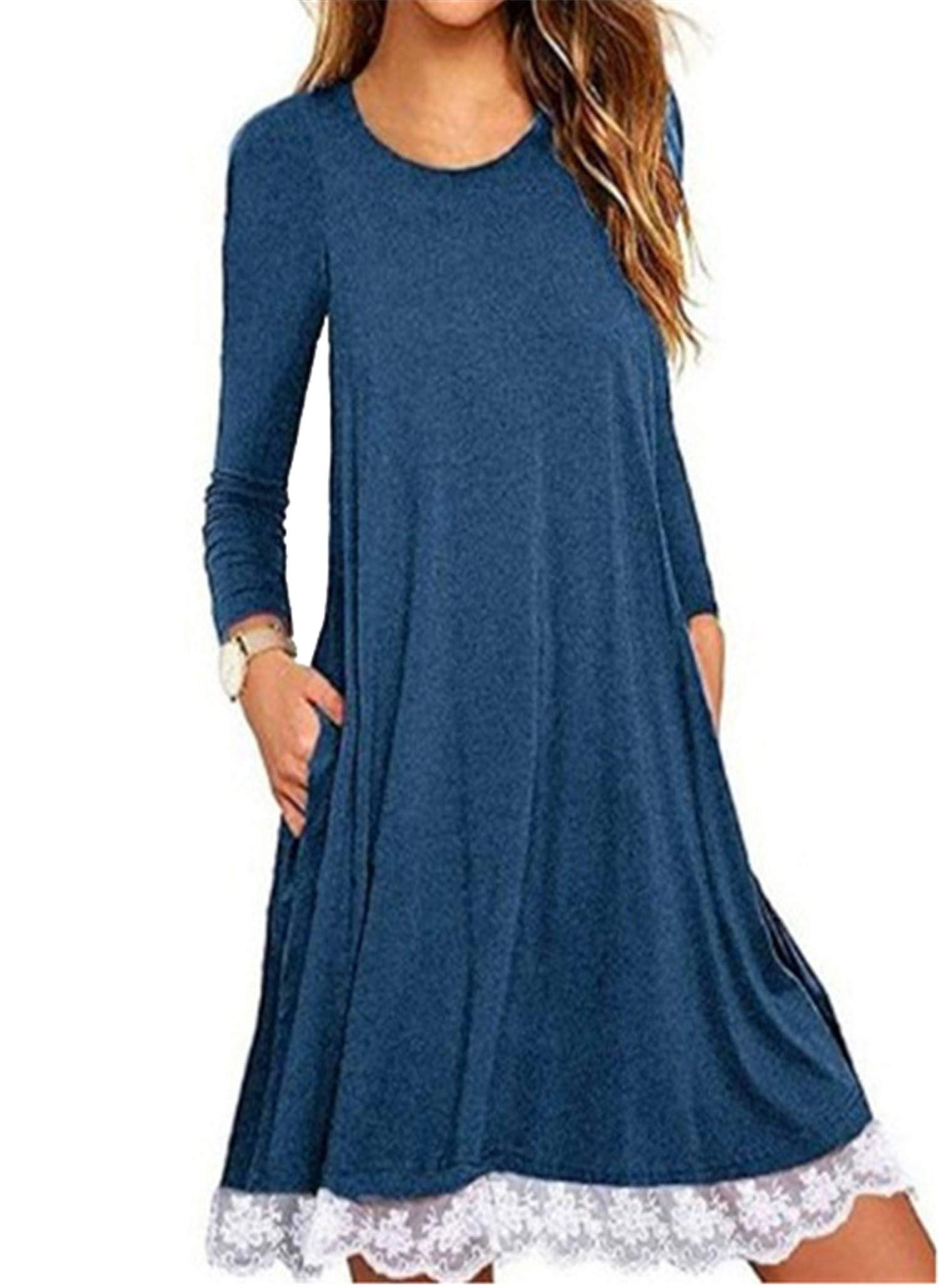 Women's Long Sleeve Lace Hem A-Line Swing Dress - Casual Round Neck T-Shirt Blouse for Everyday Wear, Date Night & Office Outfits