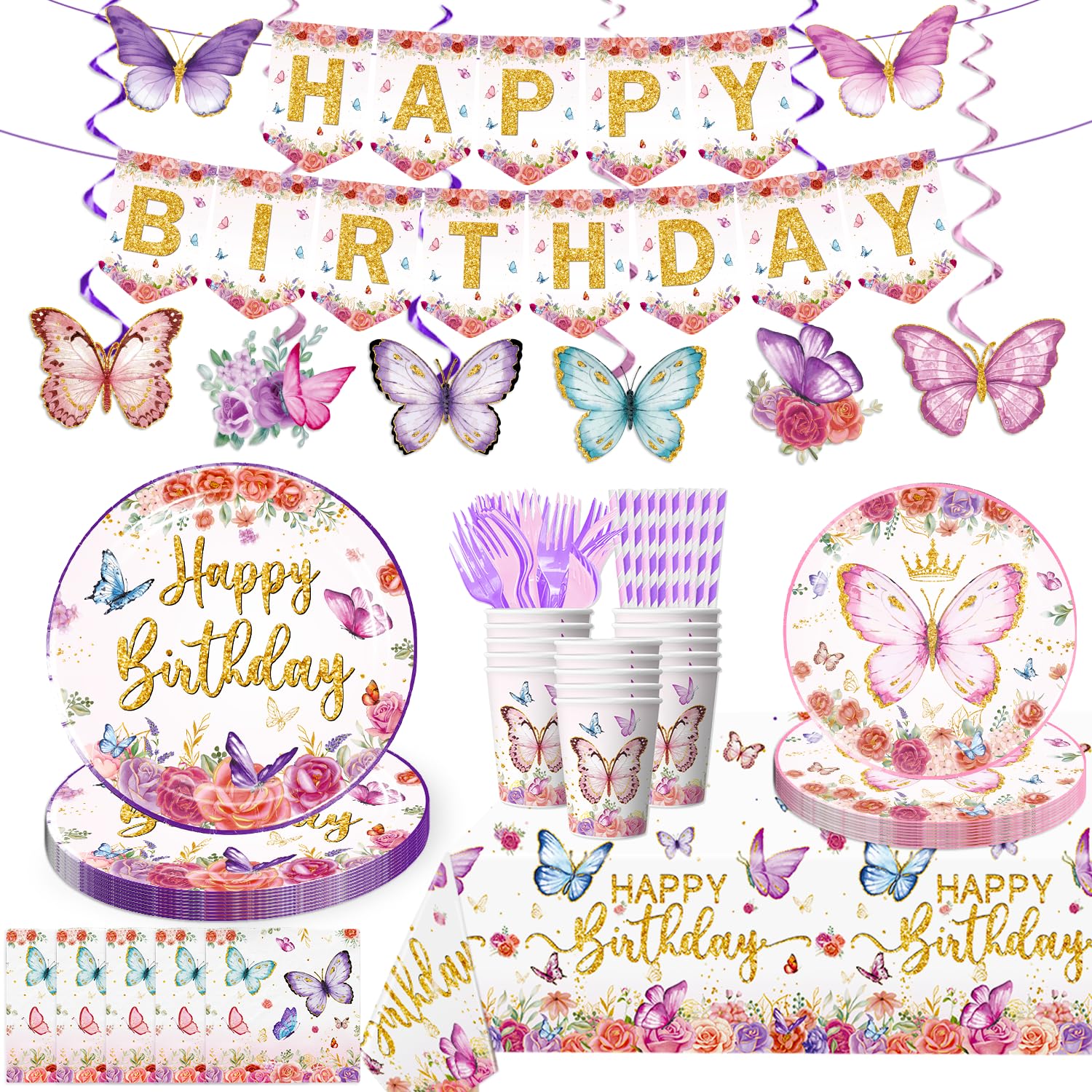 164-Piece Butterfly Birthday Party Tableware Set - Baby Shower Decorations, Butterfly-Themed Plates, Cups & Napkins for Girls Birthday Party & Baby Shower Decor - Perfect for Birthday Celebrations, Baby Showers & Themed Parties