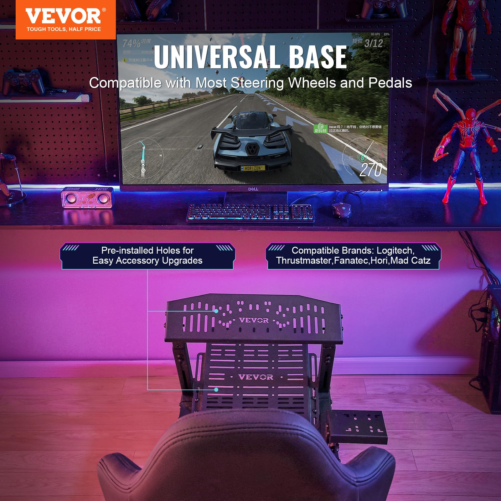 VEVOR Racing Wheel Stand for Logitech G923/G920/G29 & Thrustmaster T248P - Heavy Duty Steel Driving Simulator Cockpit with Adjustable Height & Pedal Angle - Max Load 330 lbs - Perfect for Gaming, Racing Simulation & Esports Tournaments