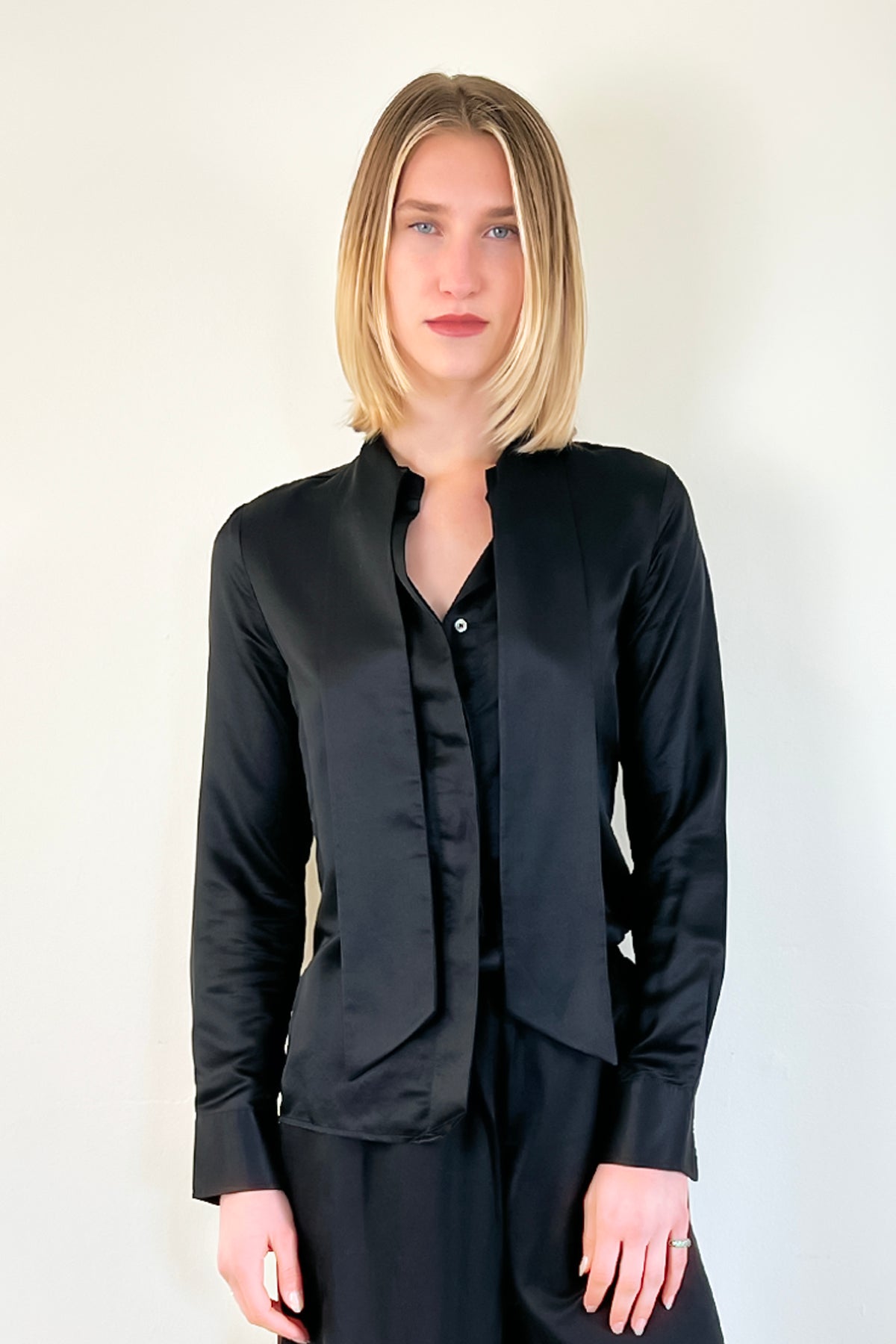 Elegant Black Bow Tie Blouse for Women - Perfect for Office, Party & Special Occasions