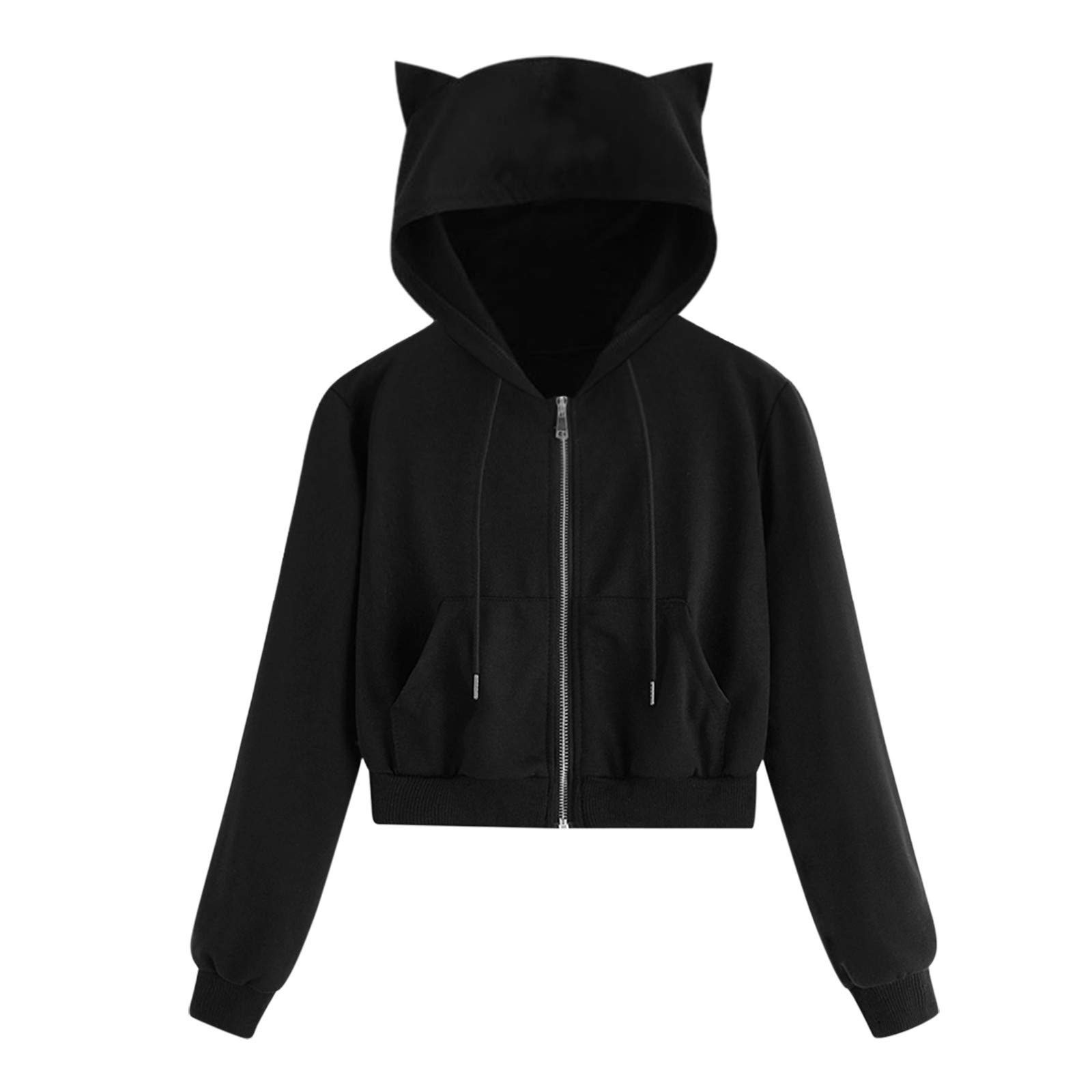 Black Zip Up Crop Hoodie for Teens & Women - COOKI Basic Long Sleeve Pullover Sweatshirt | Perfect for Casual Wear, School, and Street Fashion