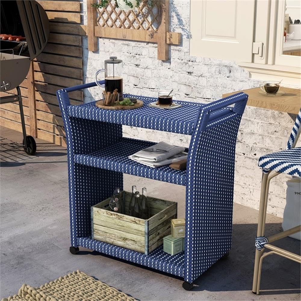 Furniture of America Azur Outdoor Aluminum Wicker Bar Cart in Navy - Portable Serving Cart for Patio, Garden, Poolside & Outdoor Entertaining