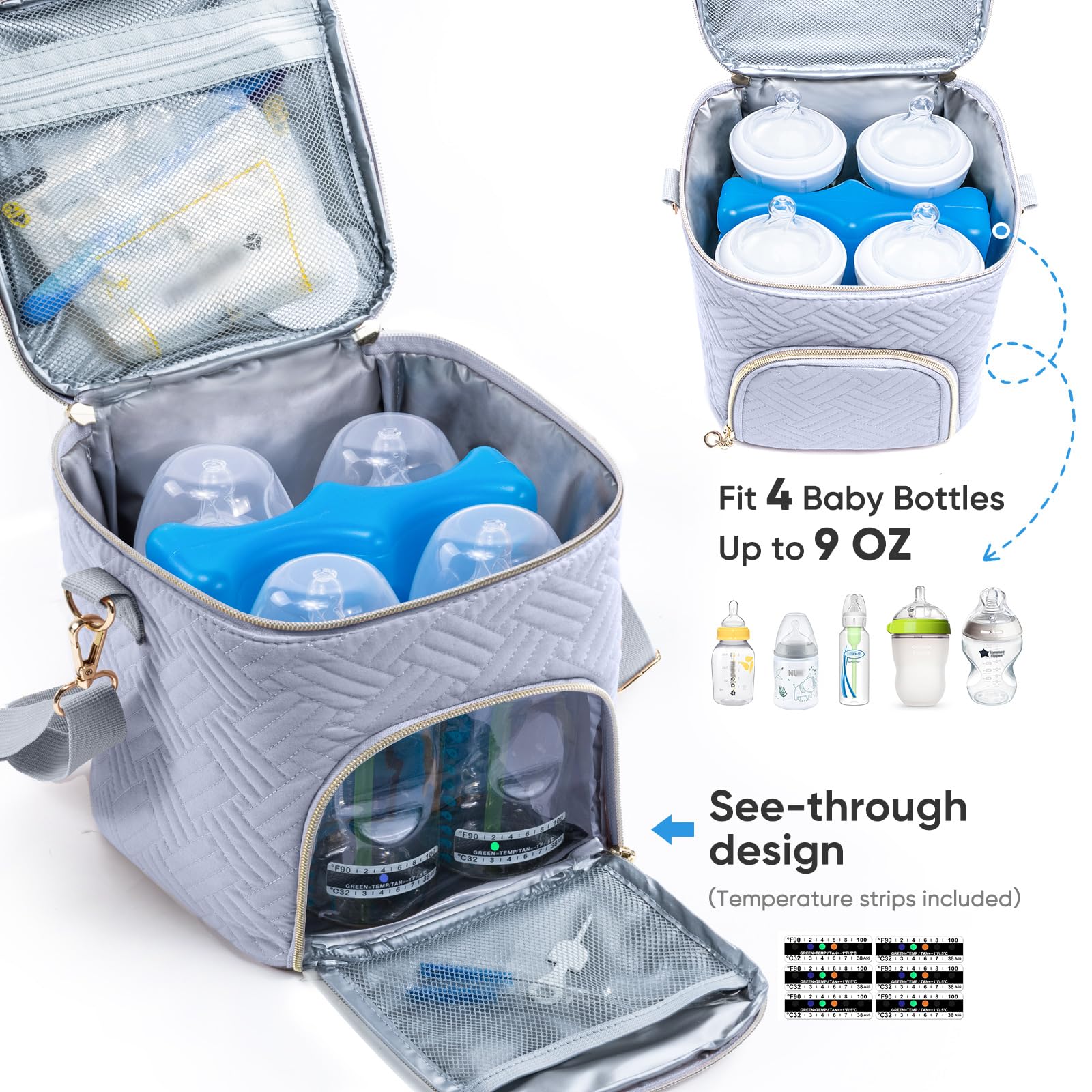 Insulated Breastmilk Cooler Bag with Ice Pack - Holds 4 Baby Bottles (4oz-9oz) & Mam Bottles - Clear Breast Pump Storage Bag for Daycare, Travel & Work - Leakproof & BPA-Free