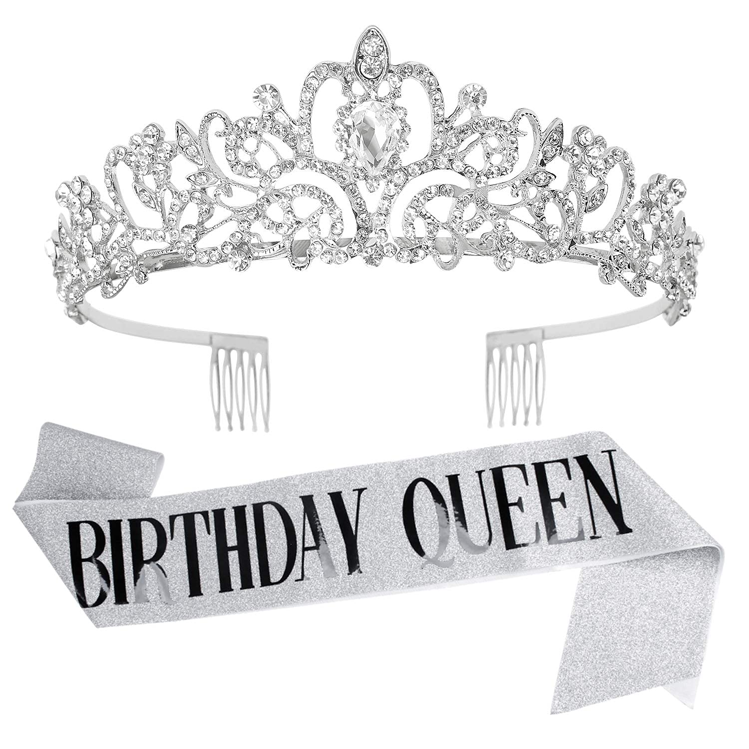 Elegant Silver Crystal Tiara & Birthday Queen Sash Set - Women's Birthday Crown & Party Decorations - Perfect for Women & Girls Birthday Parties, Bachelorette Celebrations & Special Occasions