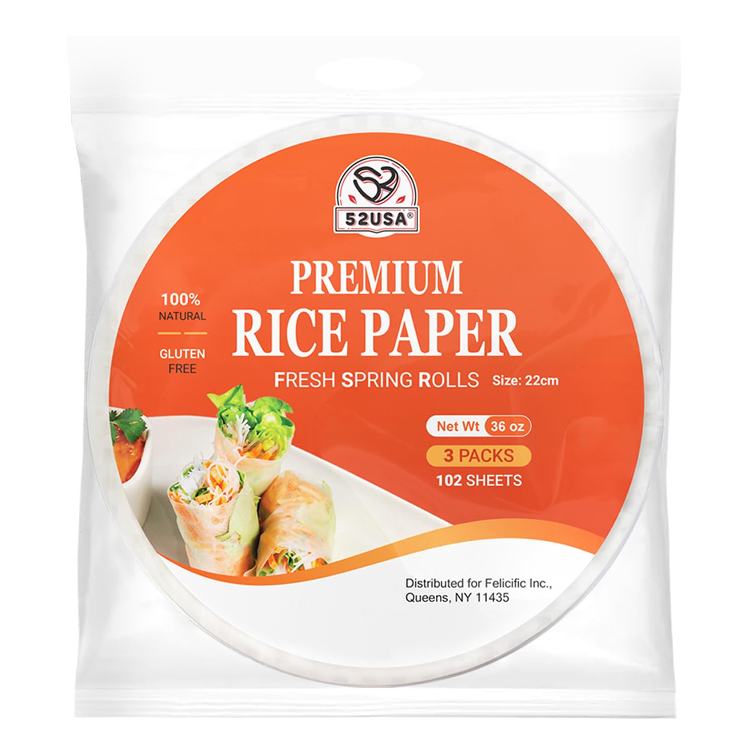 52USA Rice Paper Wrappers - 3 Pack (102 Sheets) | Gluten-Free, Vegan, Low Carb Spring Roll & Dumpling Wraps | 22cm Round Vietnamese Rice Paper for Fresh Rolls, Wontons & Asian Cuisine | Perfect for Home Cooking, Meal Prep & Healthy Snacks