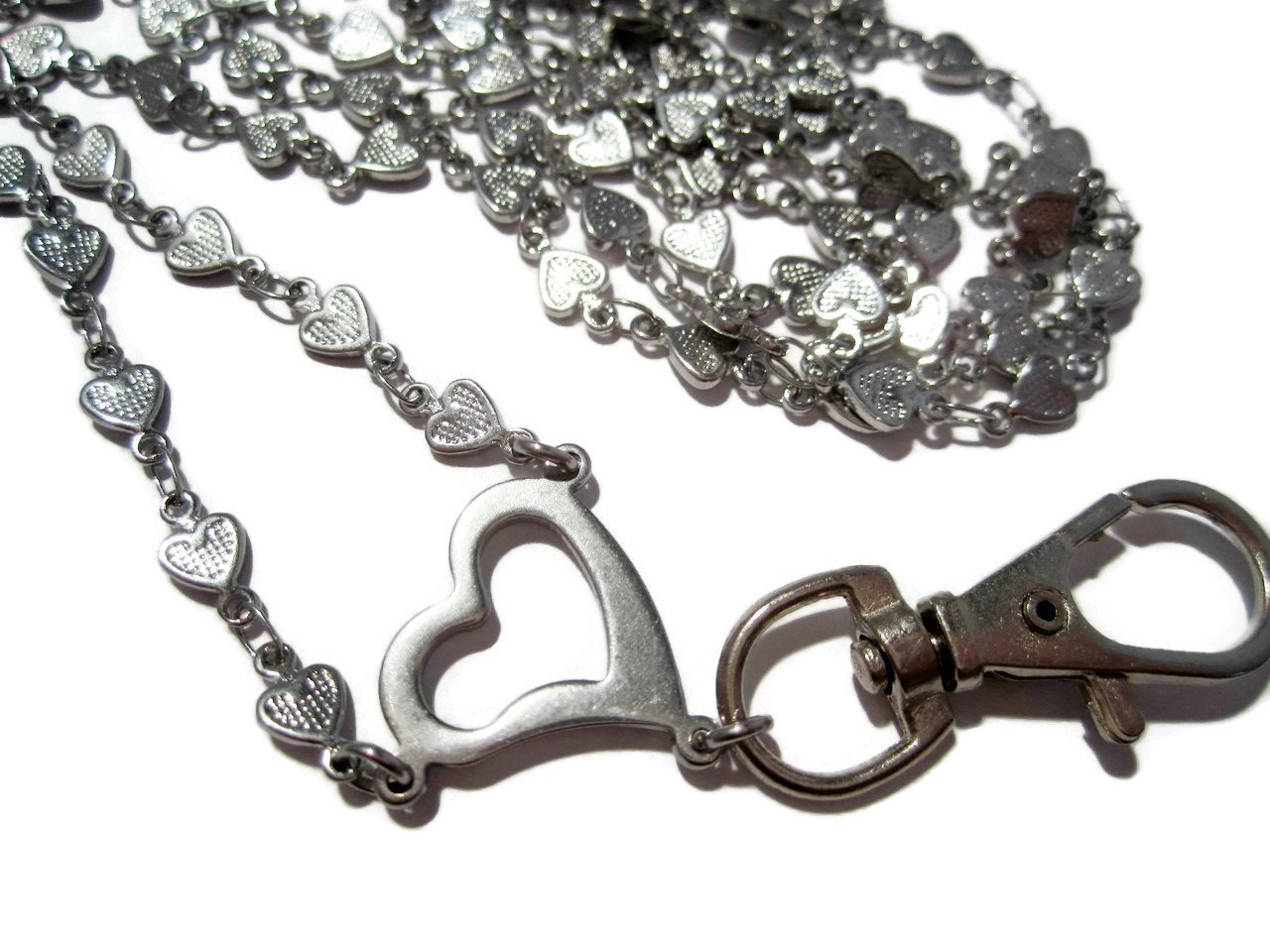 Vintage Silver Stainless Steel Waffle Heart Lanyard - Elegant Keychain for Keys, ID Badges & Work Accessories - Perfect for Office, School, and Everyday Use