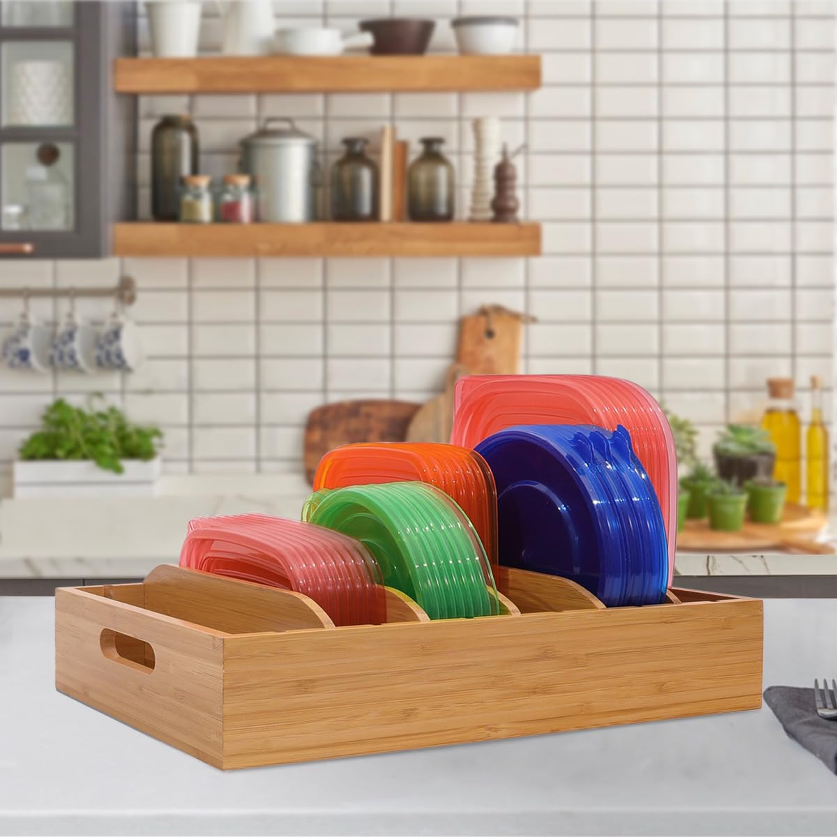 2 Pack Bamboo Lid Holder Food Container - Adjustable Kitchen Organizer with 5 Dividers for Cabinet Storage | Perfect for Pantry, Spice Jars & Food Container Lids Organization | Space-Saving Kitchen Gadget for Home & Restaurant Use