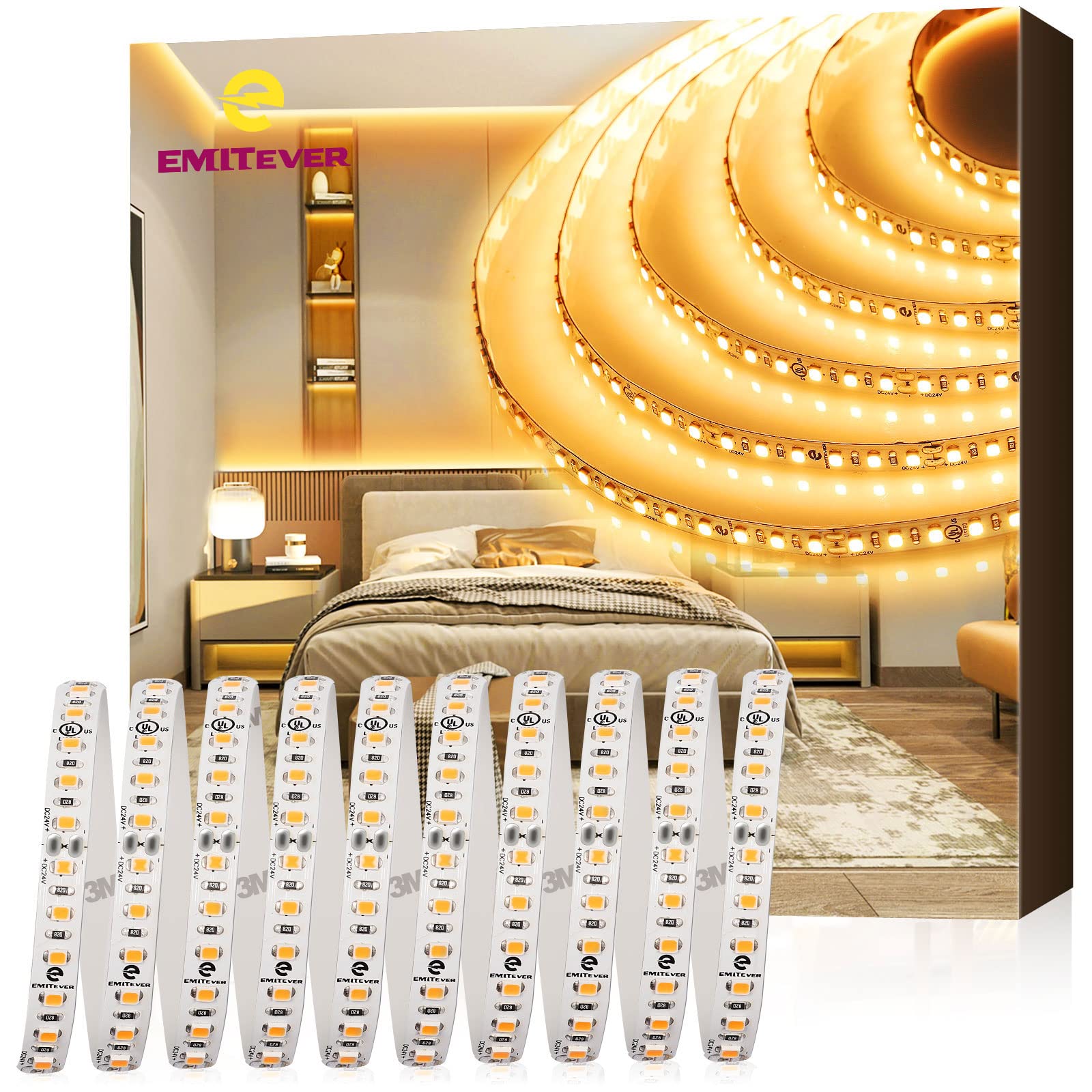 EMITEVER 25ft LED Strip Lights 2700K Warm White - UL Listed 24V Tape Light with 95+ CRI, IP30 Rating, 2.9W/ft, 240+ Lumens/ft (900 LEDs/Spool) - 5 Year Warranty - Perfect for Bedroom Lighting, Kitchen Under Cabinet, Home Decoration (Power Supply Sold Separately)