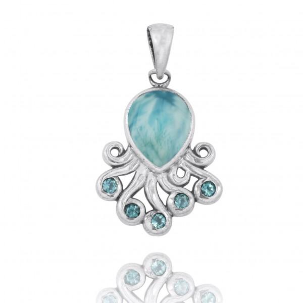 Octopus Pendant Necklace with Genuine Larimar & Swiss Blue Topaz - Elegant Handmade Jewelry for Women, Perfect for Beach Vacations & Boho Fashion