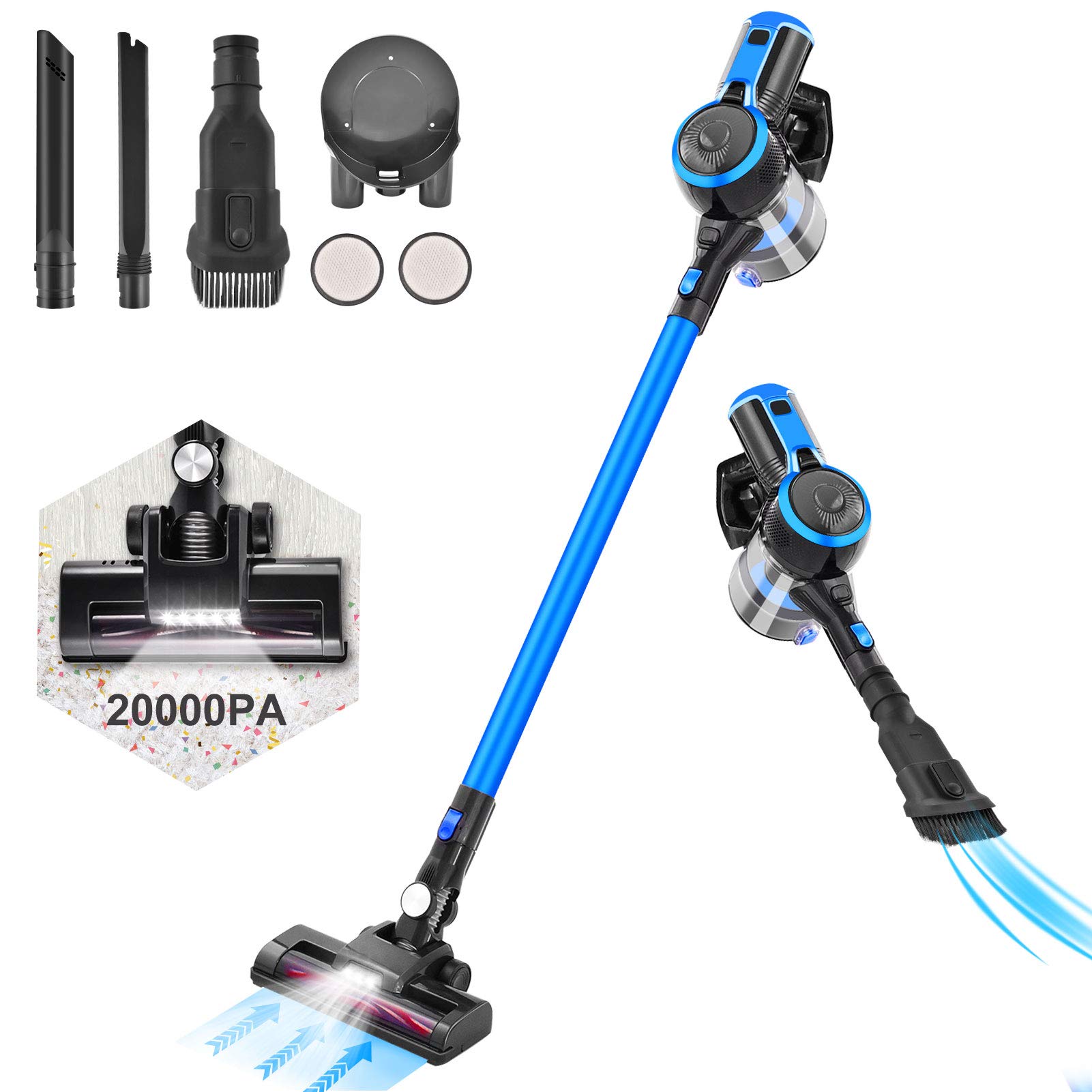 20KPA Powerful Stick Vacuum Cleaner with LED Headlights, Detachable Battery & Washable Filter - Ideal for Hard Floors, Carpets, Pet Hair Removal on Furniture & Car Upholstery (Blue) | Lightweight Cordless Cleaning for Home & Car