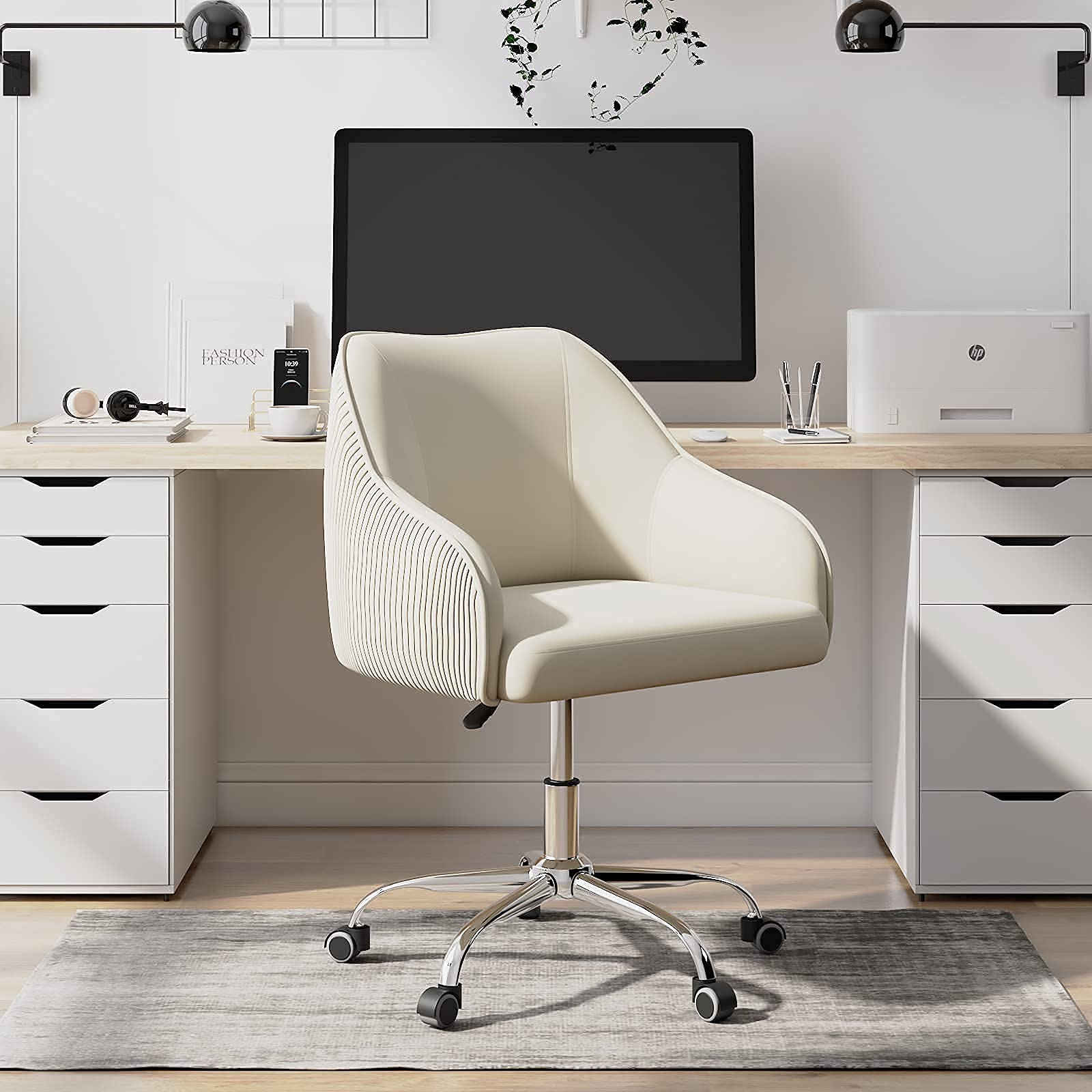 Cute Beige Velvet Desk Chair with Wheels & Arms - Comfy Swivel Rolling Task Chair for Teen Girls, Kids, Home Office, Makeup Room, Bedroom & Living Room | Perfect for Studying, Working & Vanity Areas